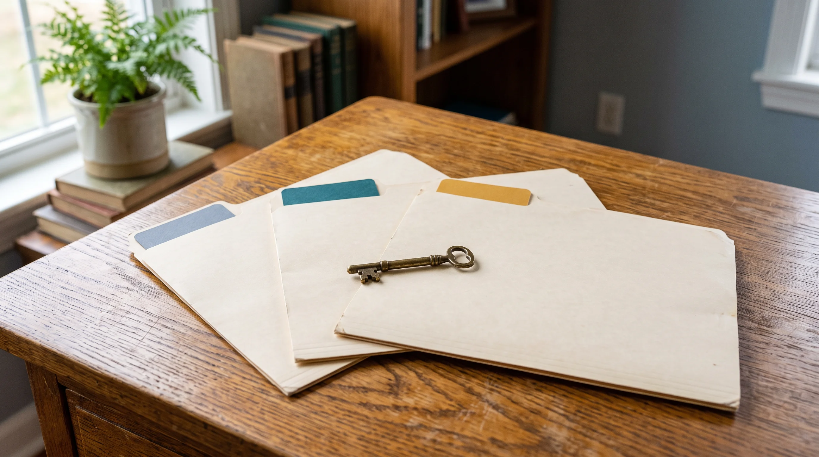 Three plain manila file folders fanned on an oak desk in soft window light, each with a different-coloured blank tab — slate-grey, teal, and warm amber — and one small brass key resting across all three: three files, one property business