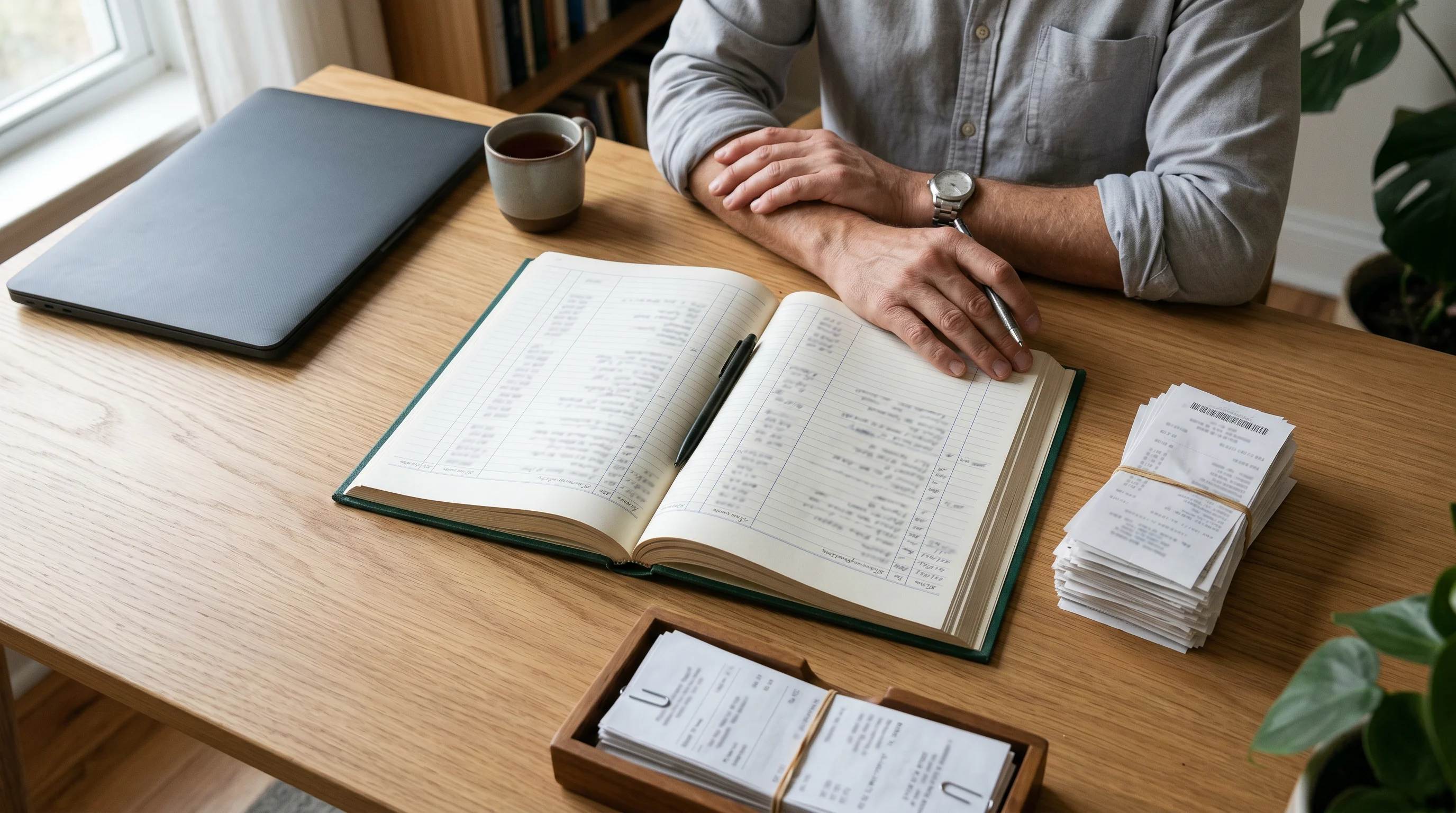 The month-end reconciliation moment: an ordered desk with a matched ledger and squared receipt stack — a two-day job that now takes minutes