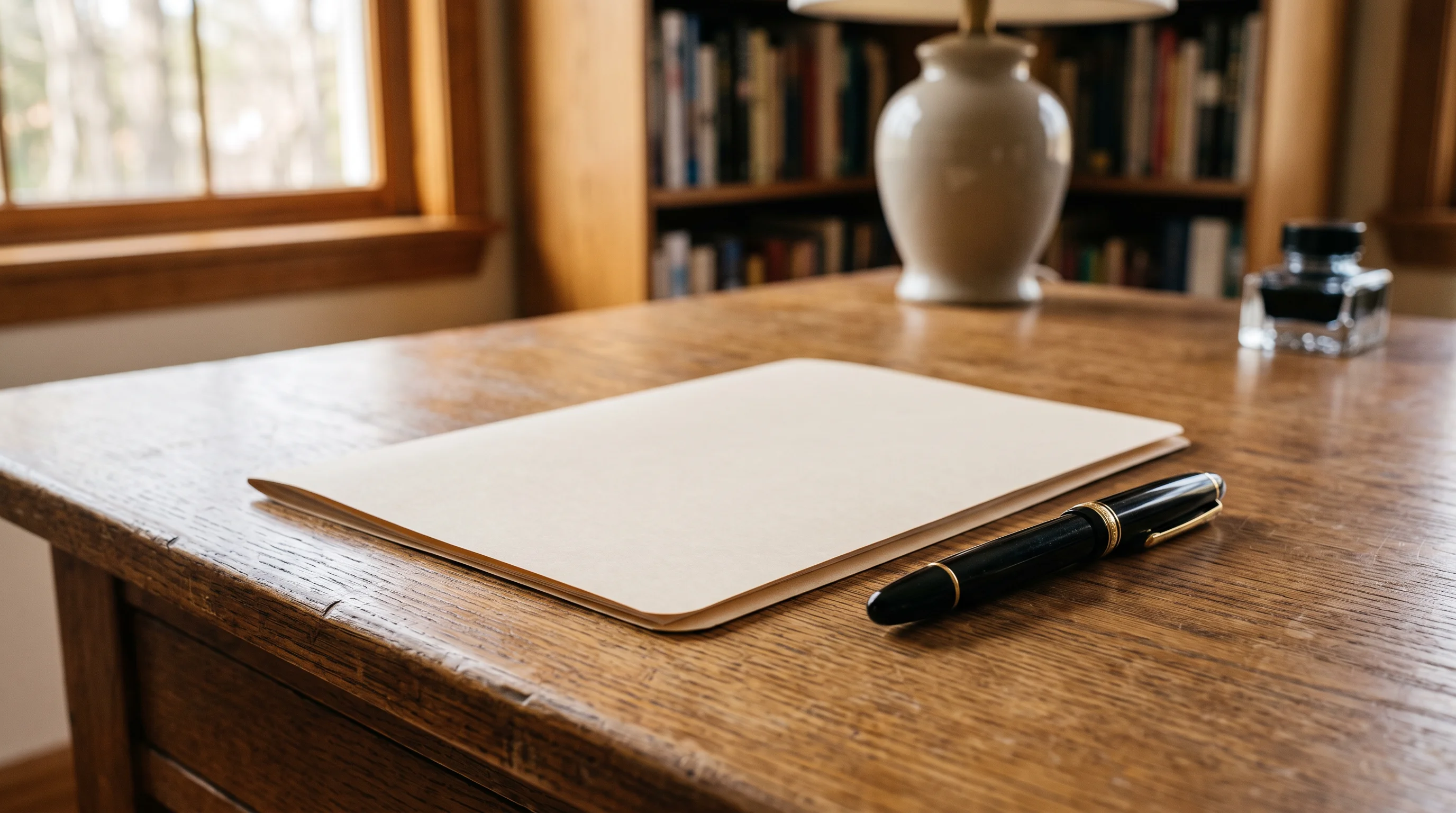 A capped fountain pen resting beside a closed plain folder on a warm desk in soft afternoon light — signed, filed, the regime begun