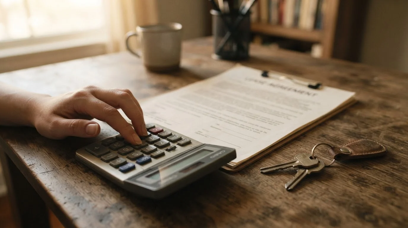 A candid documentary-style photo — no text, no logo. Shot on a Canon EOS R6 35mm f/1.8: a hand using a calculator beside a lease document and house keys on a desk, warm natural light,