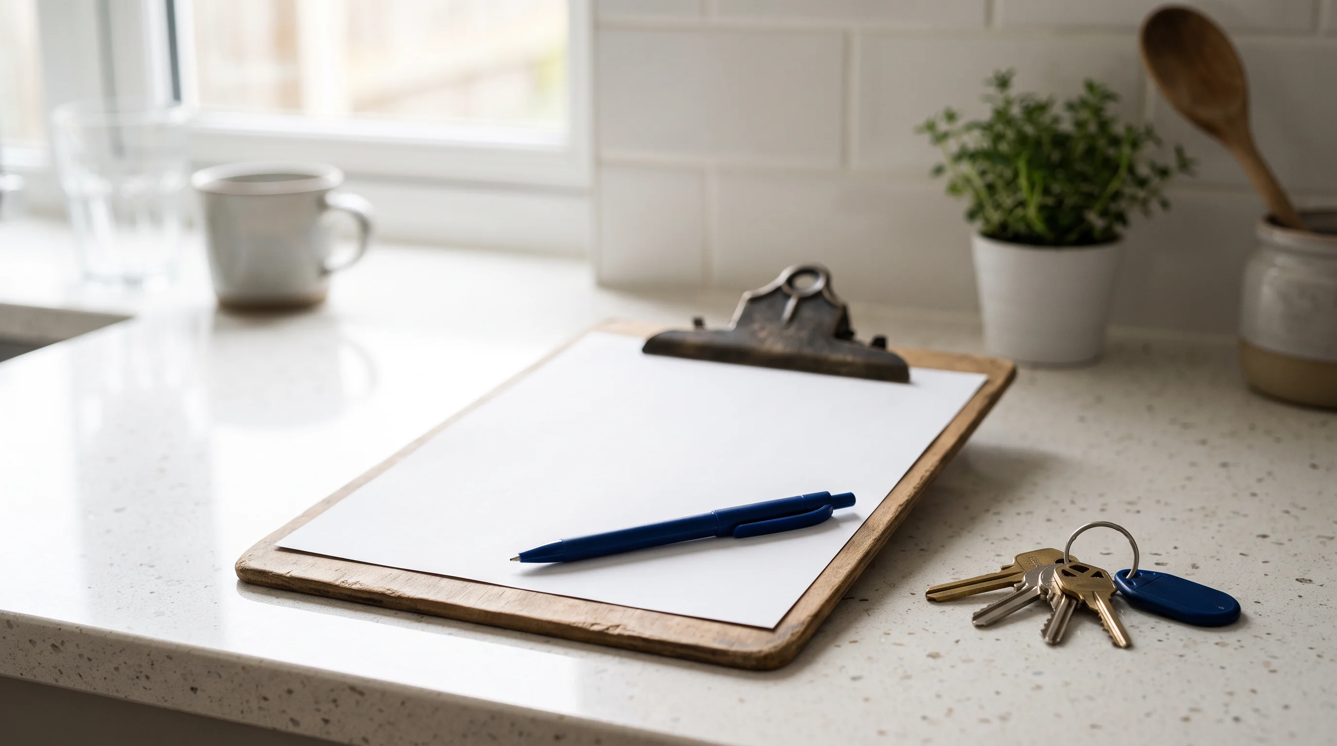 A clipboard holding a blank white sheet with a pen resting on it and a set of house keys beside it on a clean kitchen counter in soft daylight