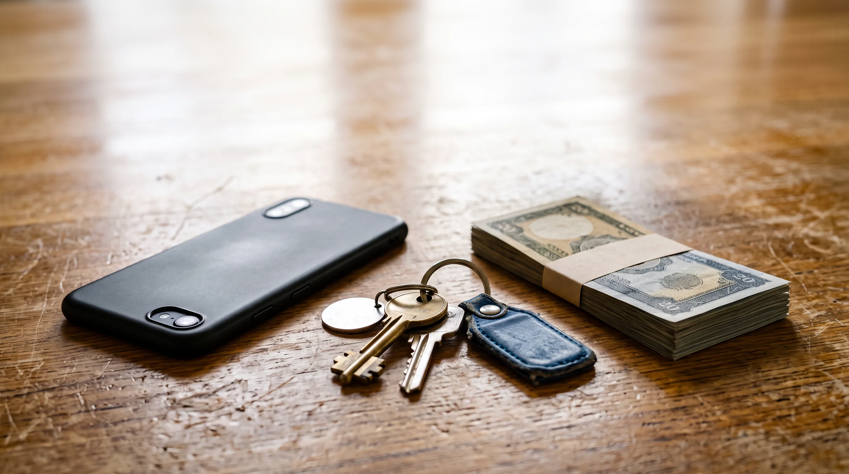 A smartphone face-down beside house keys and a small stack of banknotes pushed slightly aside on a warm kitchen table in morning light — money, paused before moving