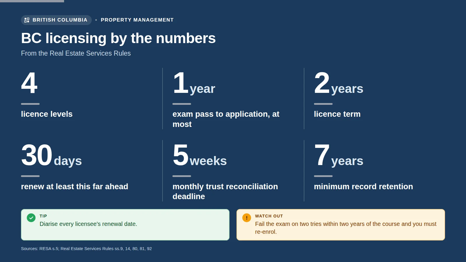 Infographic: BC licensing by the numbers, including the two-year licence term and renewal 30 days before it ends