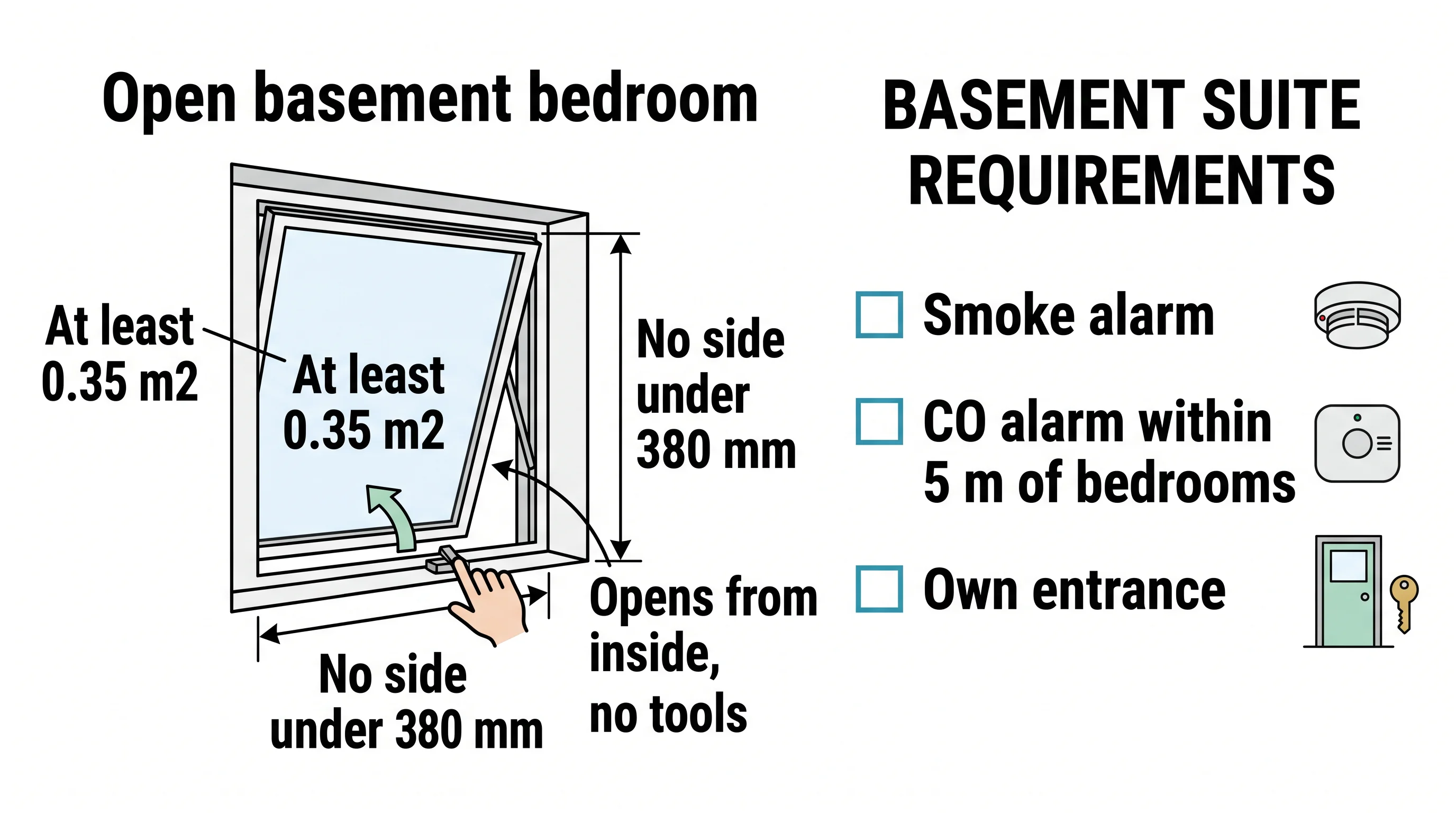 Basement bedroom escape window minimums: 0.35 m2 and no side under 380 mm