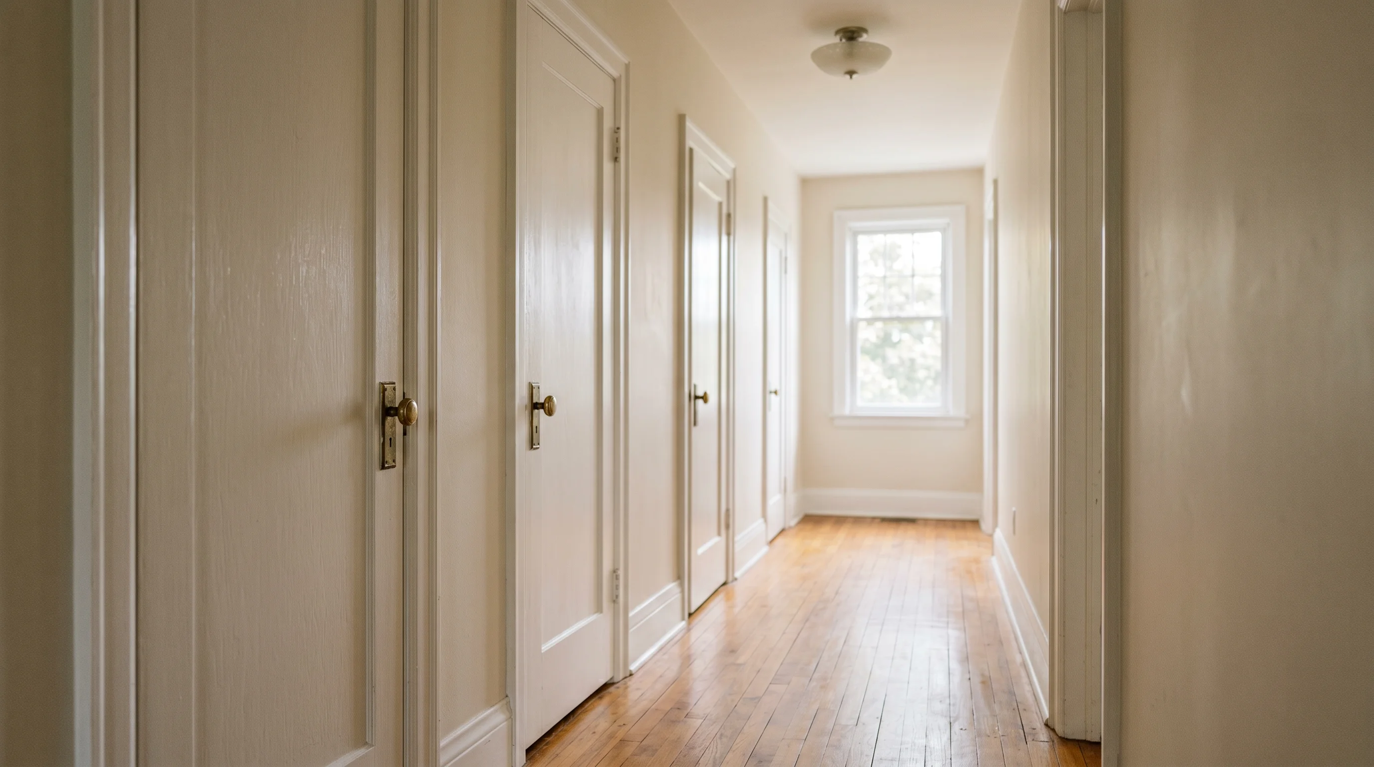 An ordinary upstairs hallway in an older Ontario house: a run of five plain painted bedroom doors, all closed, receding down a clean narrow corridor with well-kept hardwood underfoot and soft daylight from a window at the far end.