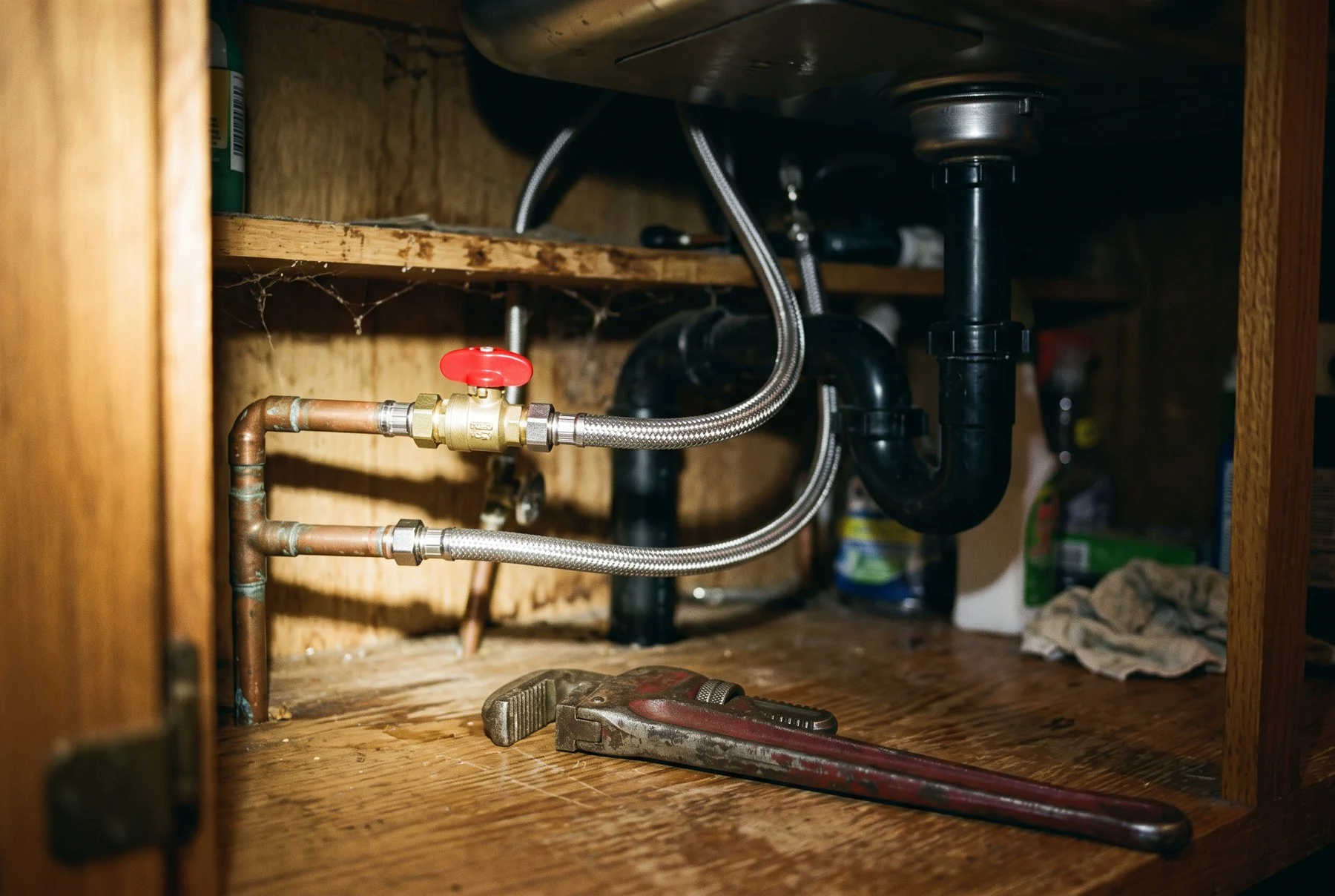 A new shut-off valve fitted under a kitchen sink