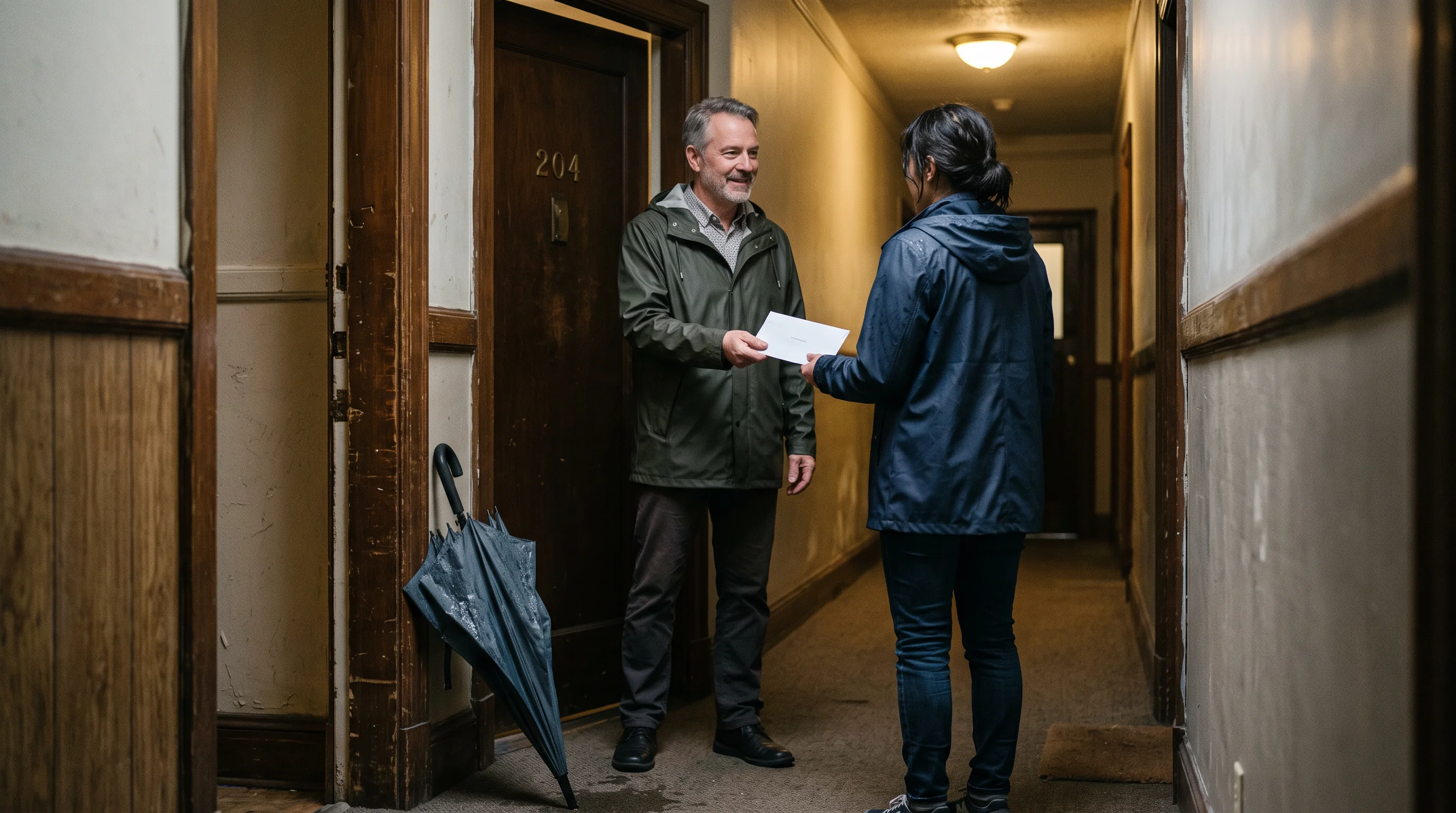 A landlord in a rain jacket hands an envelope to a tenant at a suite door.