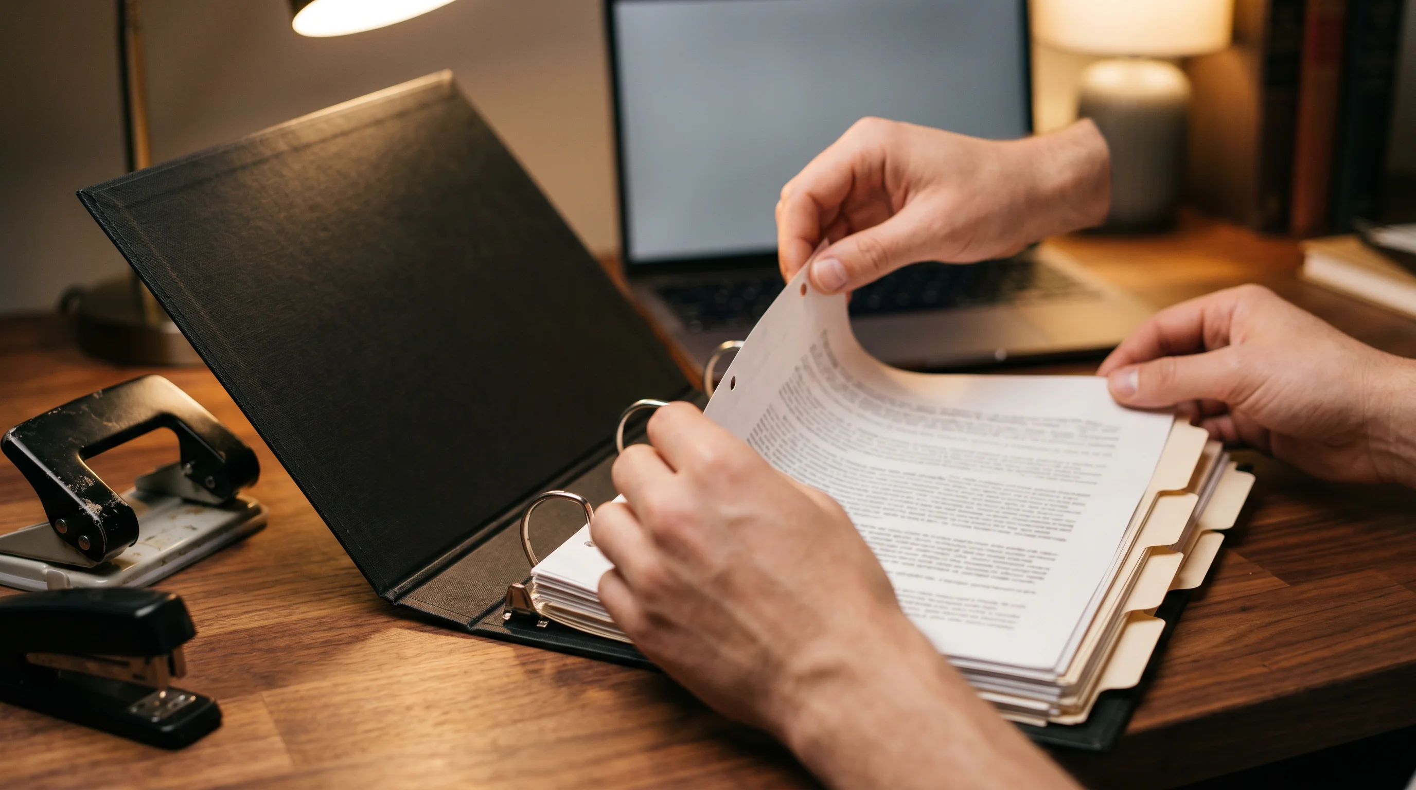 An evidence package coming together: pages tabbed, indexed, and bound — the file is the case