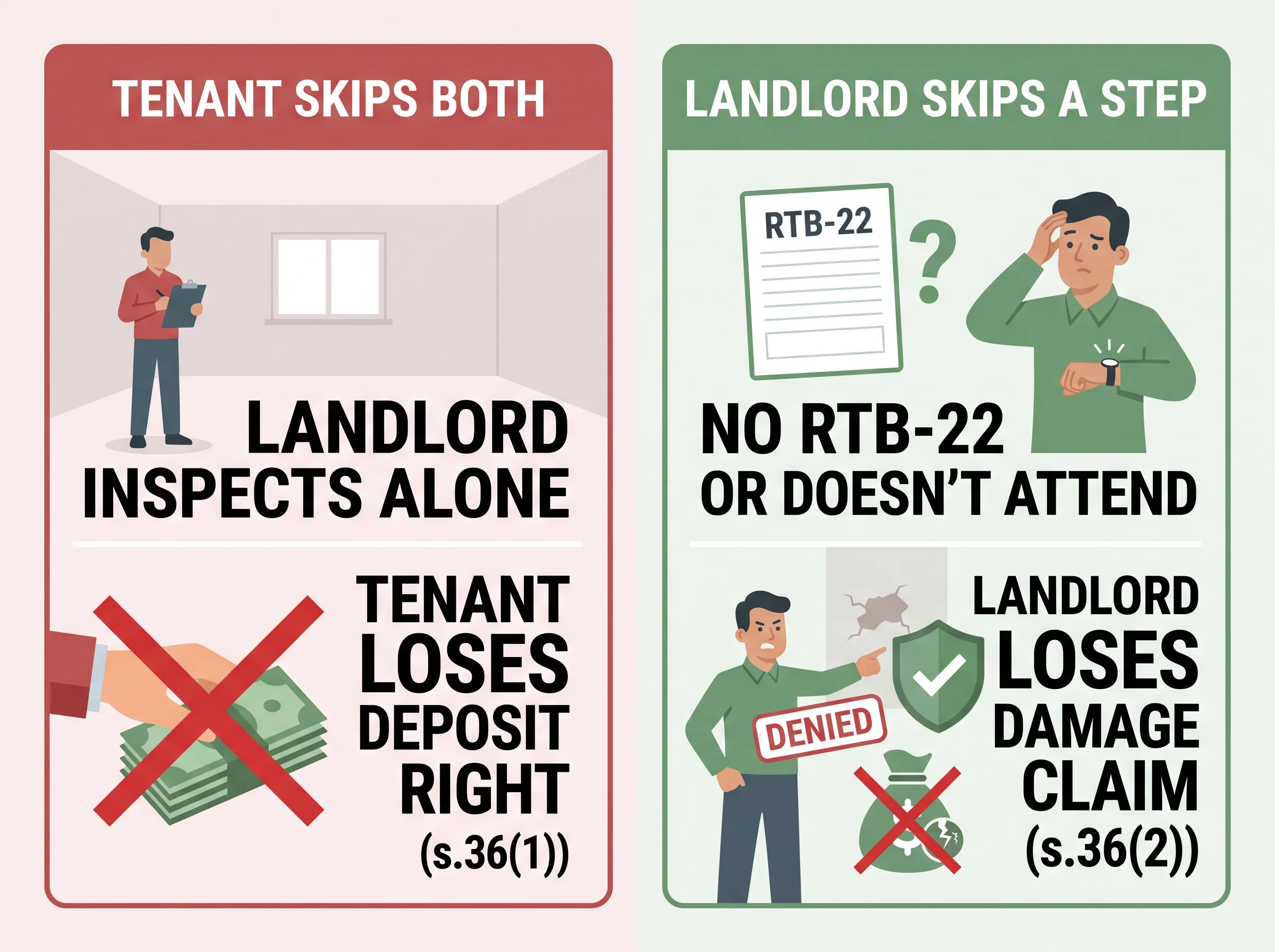 What happens if the tenant skips both inspections versus if the landlord skips a scheduling step in BC