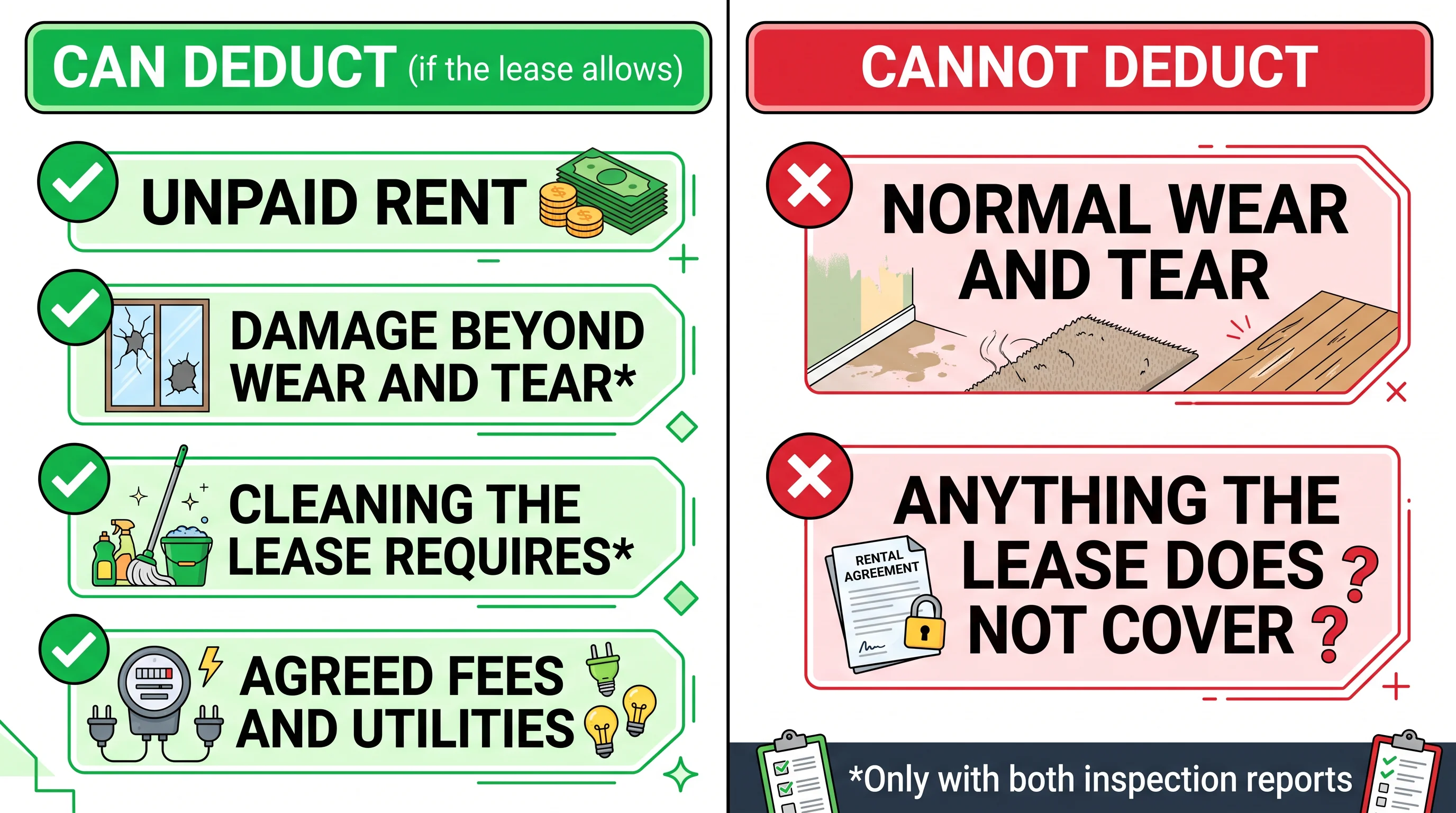 What an Alberta landlord can and cannot deduct from a security deposit; damage and cleaning only with both inspection reports