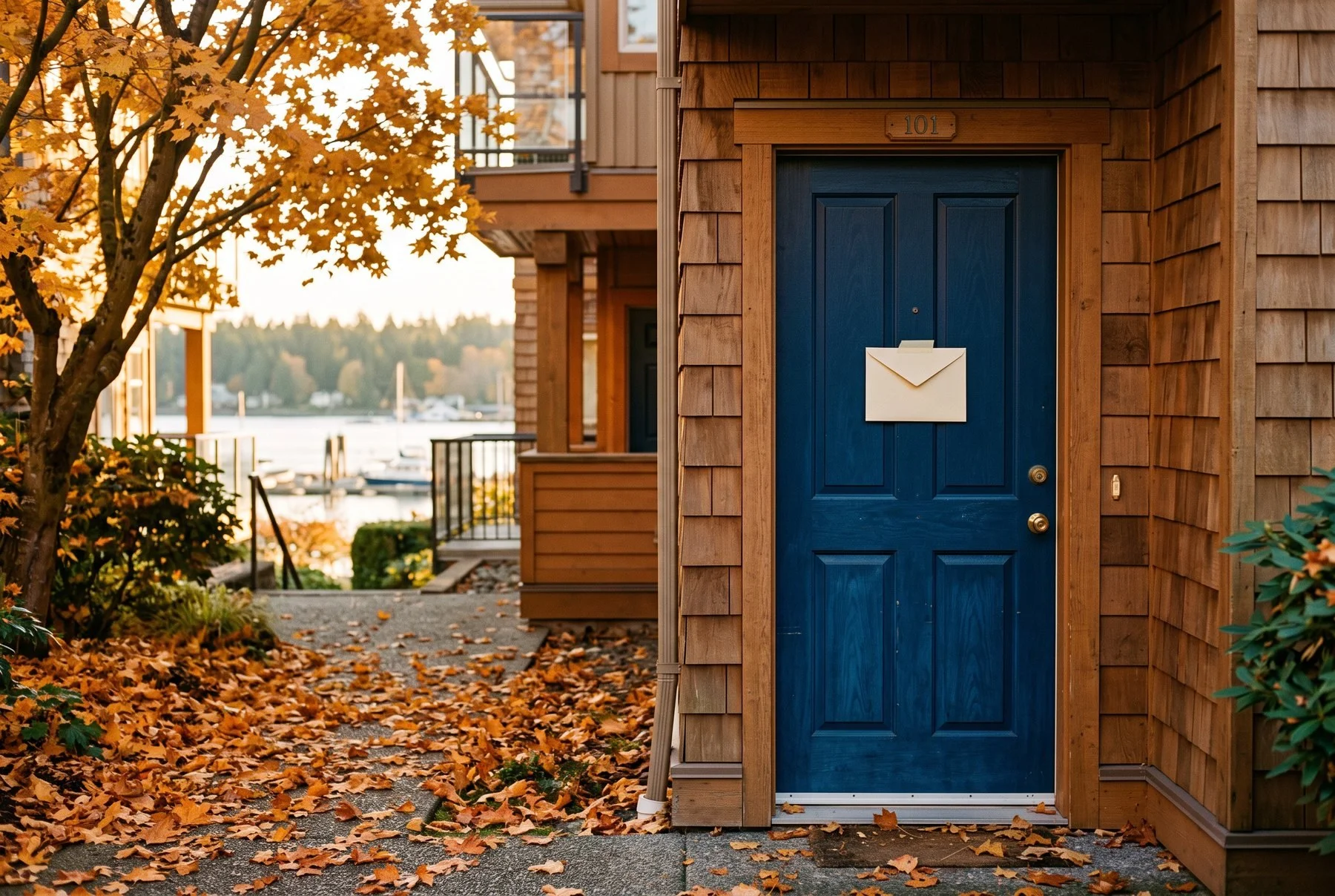 An envelope attached at eye level to a deep blue suite door at a Nanaimo low-rise in autumn