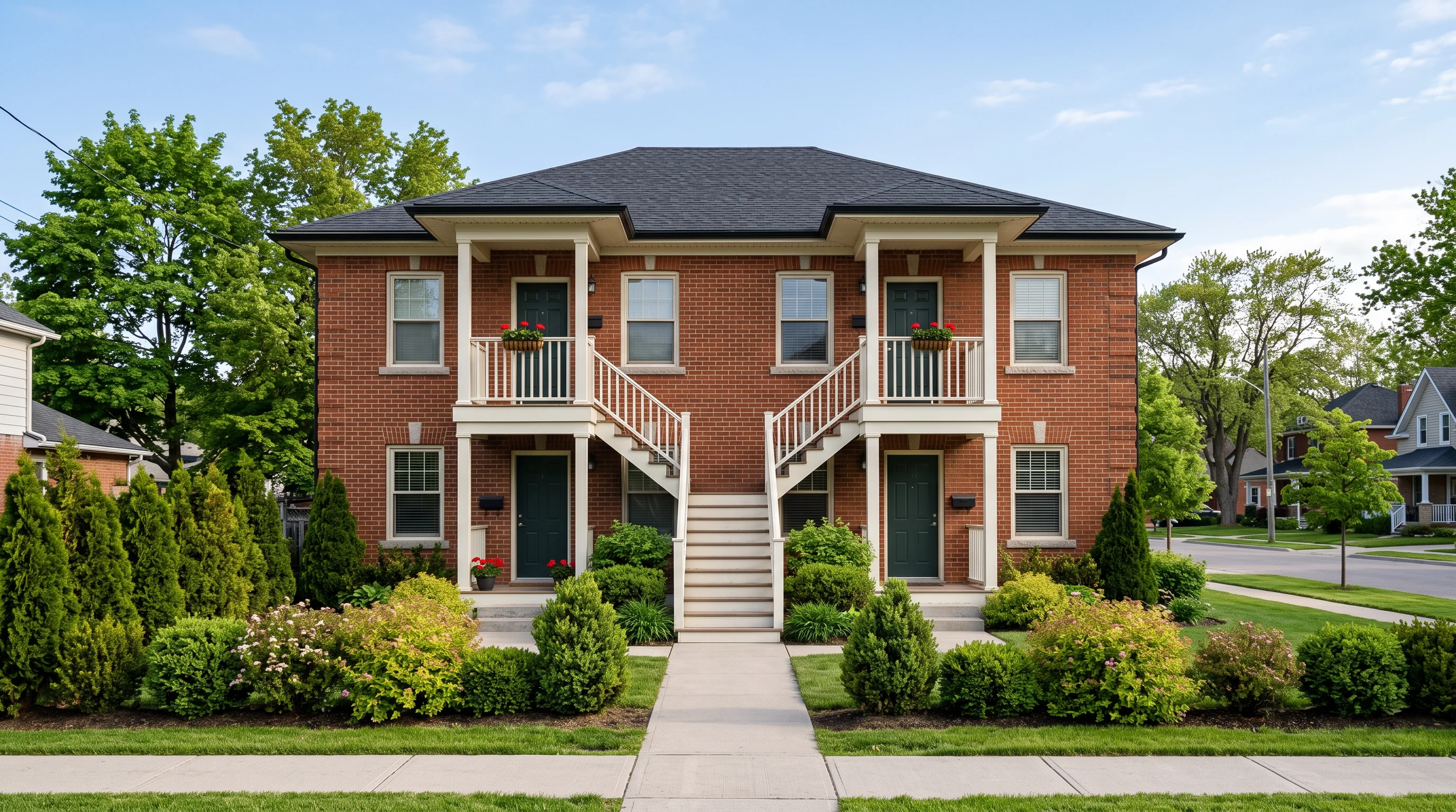 A modest, well-kept Canadian duplex in soft morning light — the unit the fee math is about