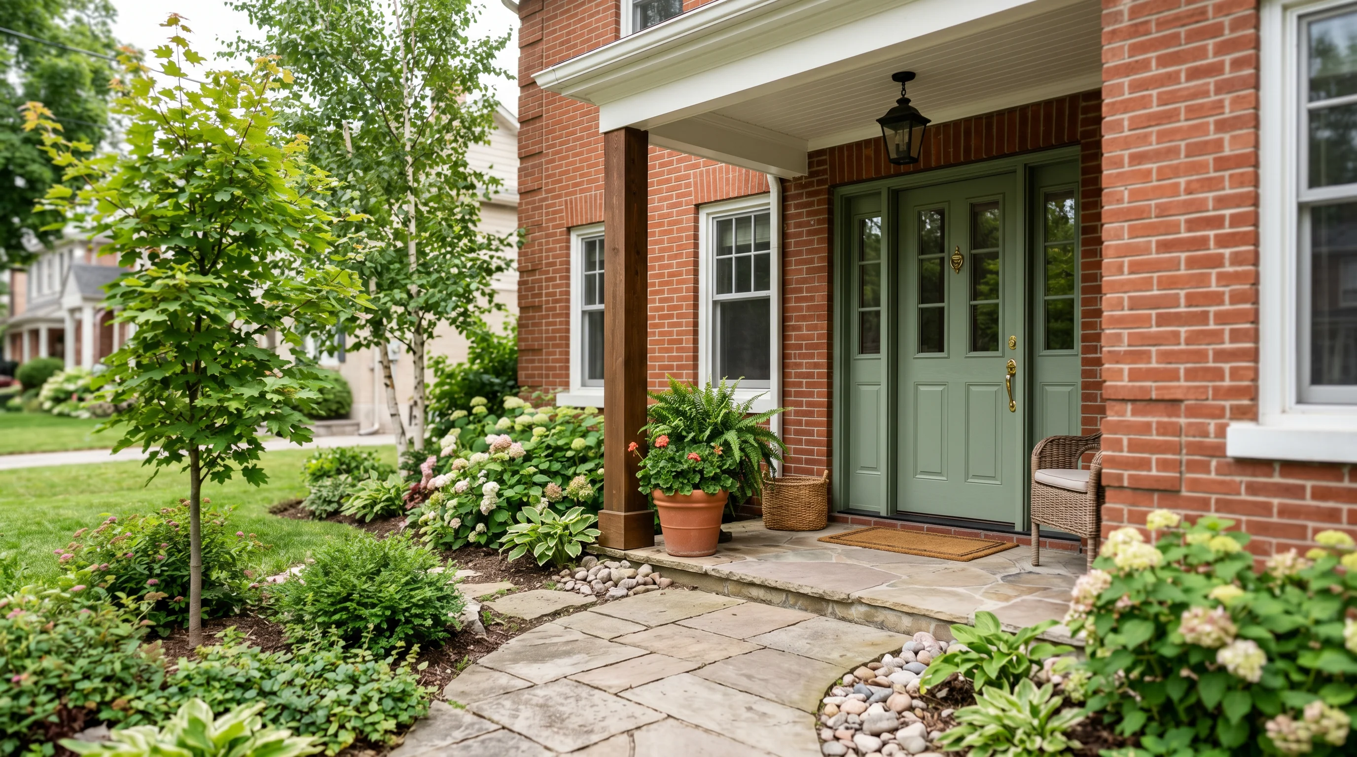 An inviting front door and porch of a tidy brick house with young trees and a walkway, in calm even daylight — a welcoming guest-stay feel, generic and not identifiably one city.