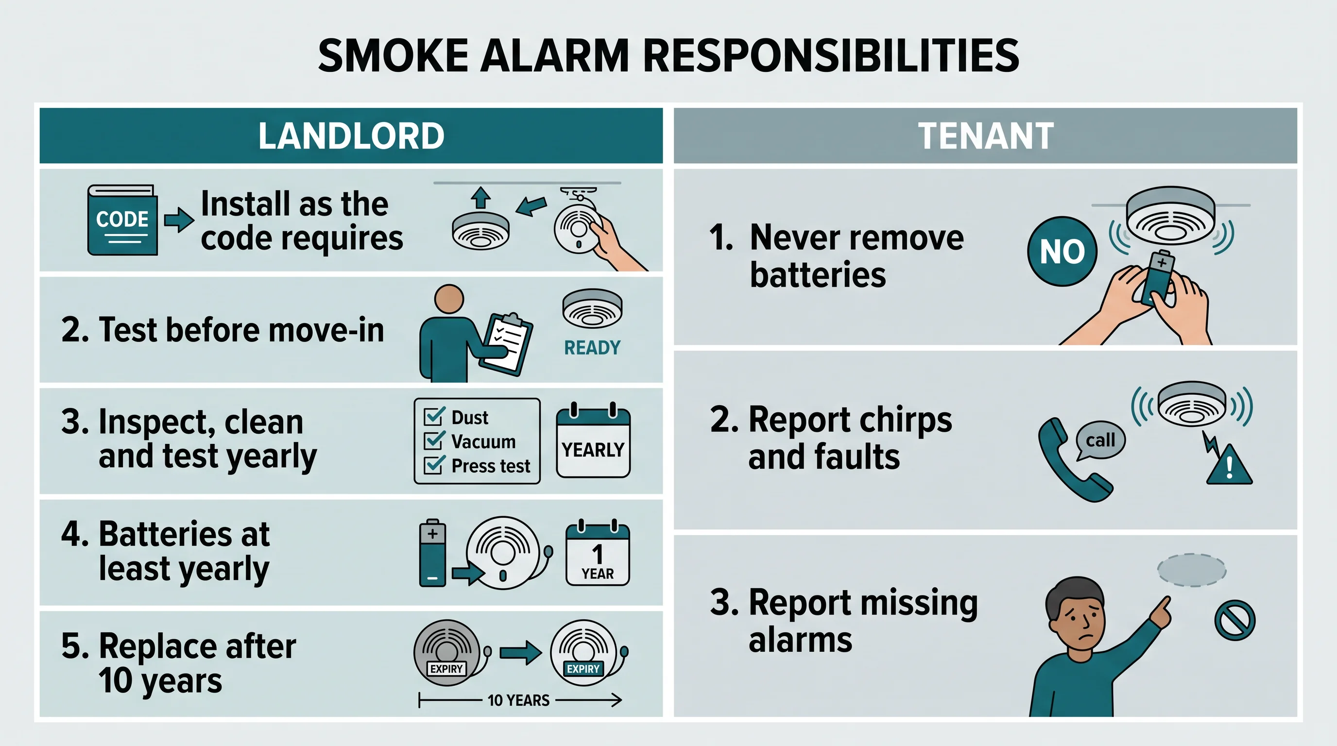 Who does what for smoke alarms in a BC rental: landlord installs, tests and maintains; tenant leaves alarms working and reports problems