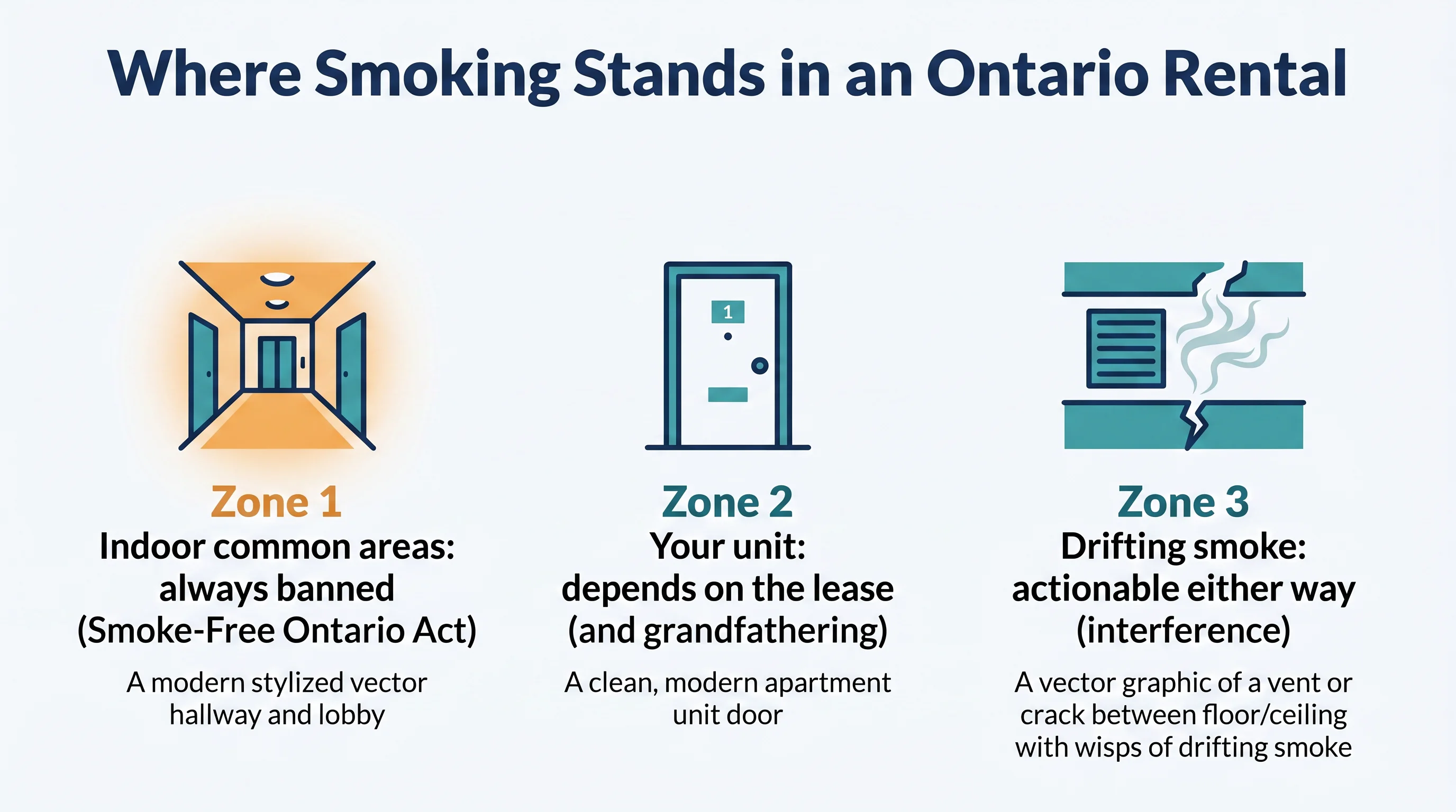 Where smoking stands in an Ontario rental: indoor common areas are always banned under the Smoke-Free Ontario Act; your unit depends on the lease and grandfathering; drifting smoke is actionable either way.