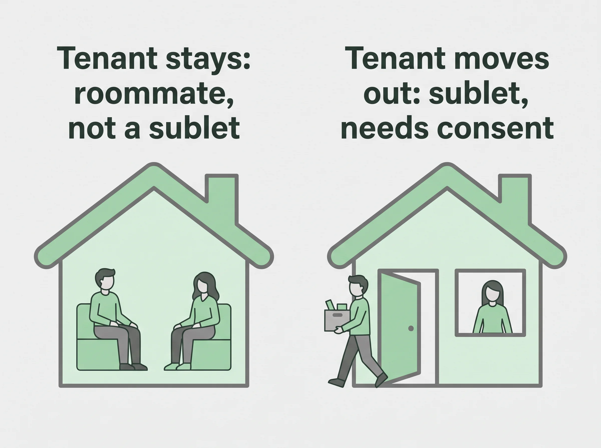 A roommate while the tenant stays is not a sublet; a sublet is when the tenant moves out