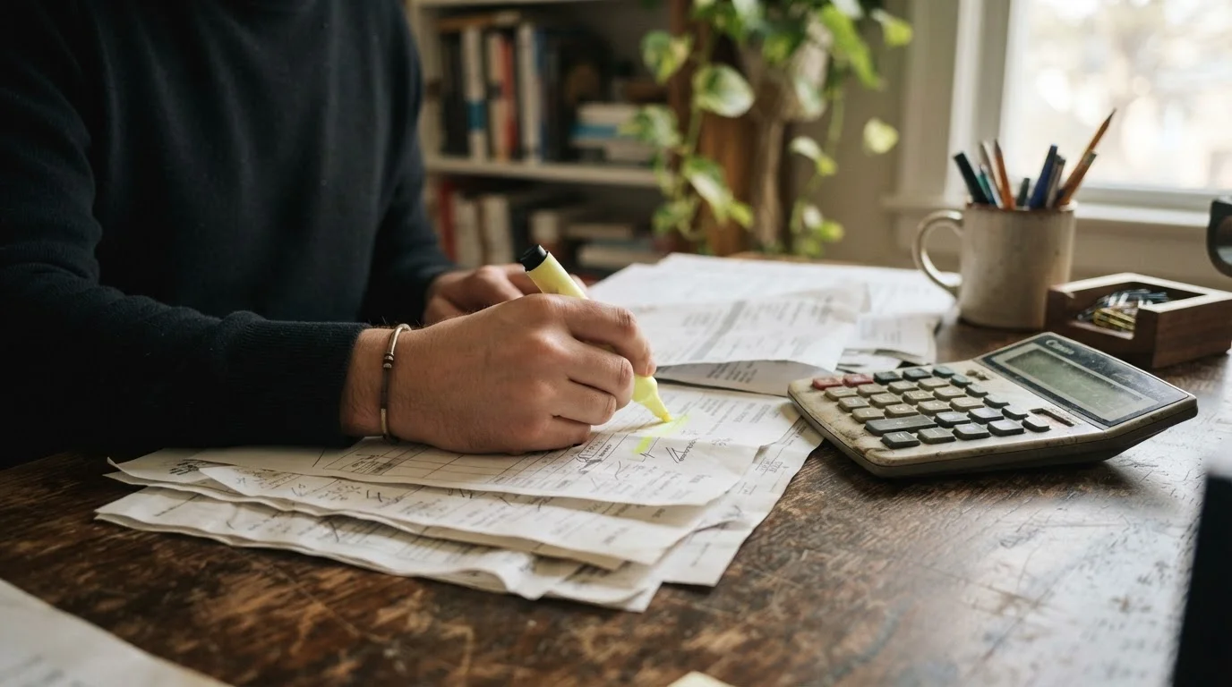 A candid documentary-style photo — no text, no logo. Shot on a Canon EOS R6 35mm f/1.8: a hand highlighting or filing a paper invoice/receipt beside a calculator on a desk, warm natural light. Framed on the hand and desk only — no face, no readable numbers or personal data. Authentic textures, subtle grain, shallow depth of field, true-to-life muted colour, non-white background. 16:9.