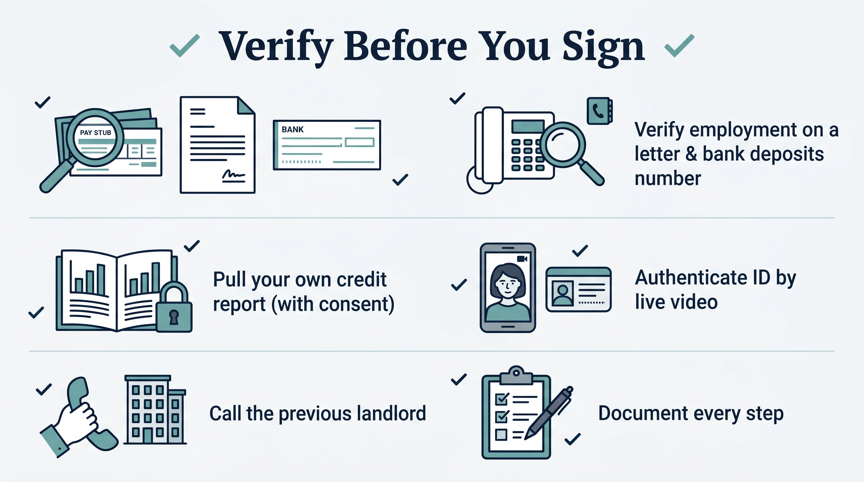 A Verify Before You Sign checklist infographic: cross-check pay stub, letter and bank deposits; verify employment on a publicly listed number; pull your own credit report with consent; authenticate ID by live video; call the previous landlord; document every step.