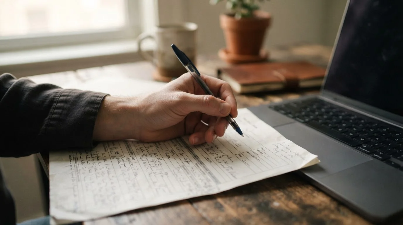 A candid documentary-style photo — no text, no logo. Shot on a Canon EOS R6 35mm f/1.8: a hand holding a pen over a printed application form beside a laptop keyboard on a desk, warm natural light, a