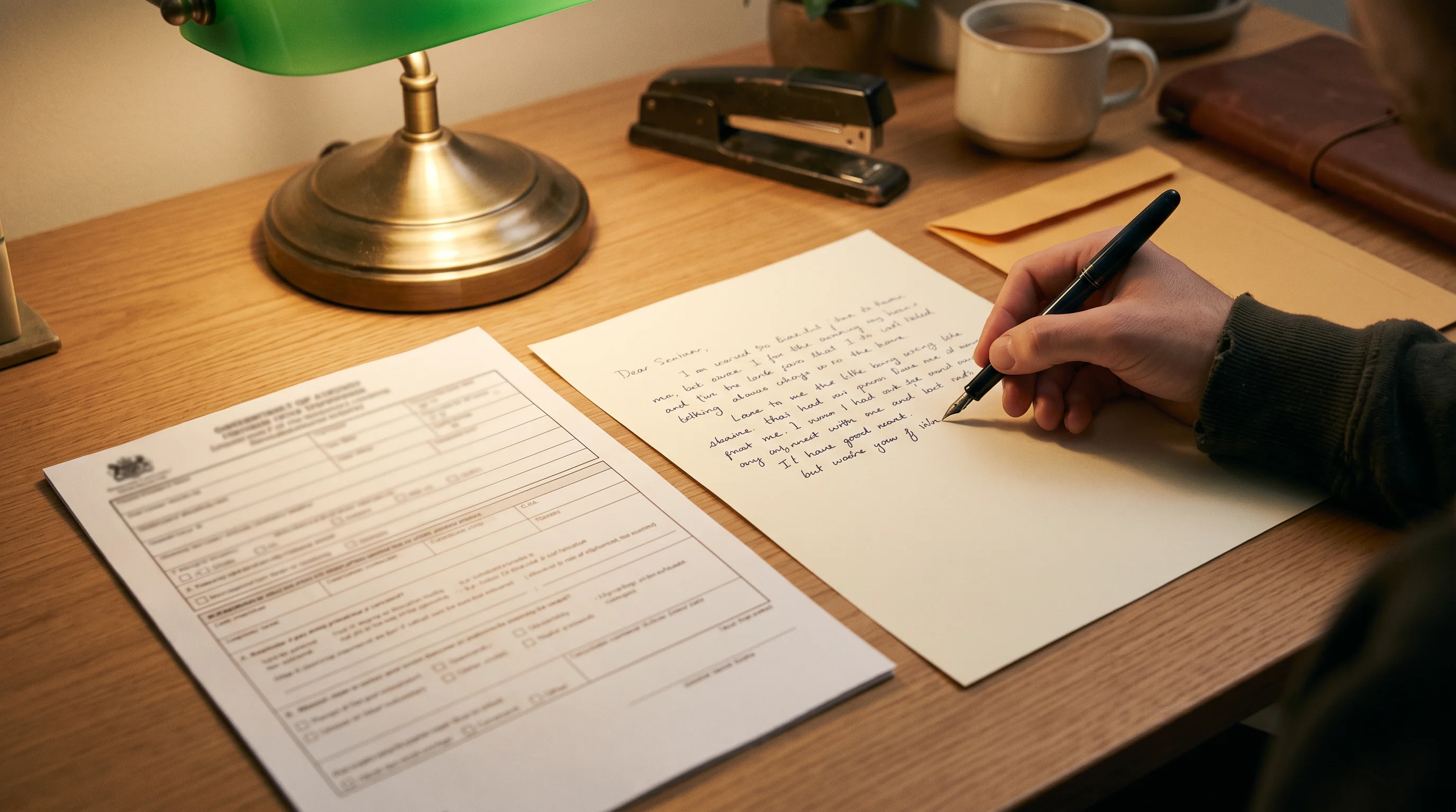 Writing the cover letter: the official form and the handwritten note side by side — the instrument does the law, the letter keeps the relationship