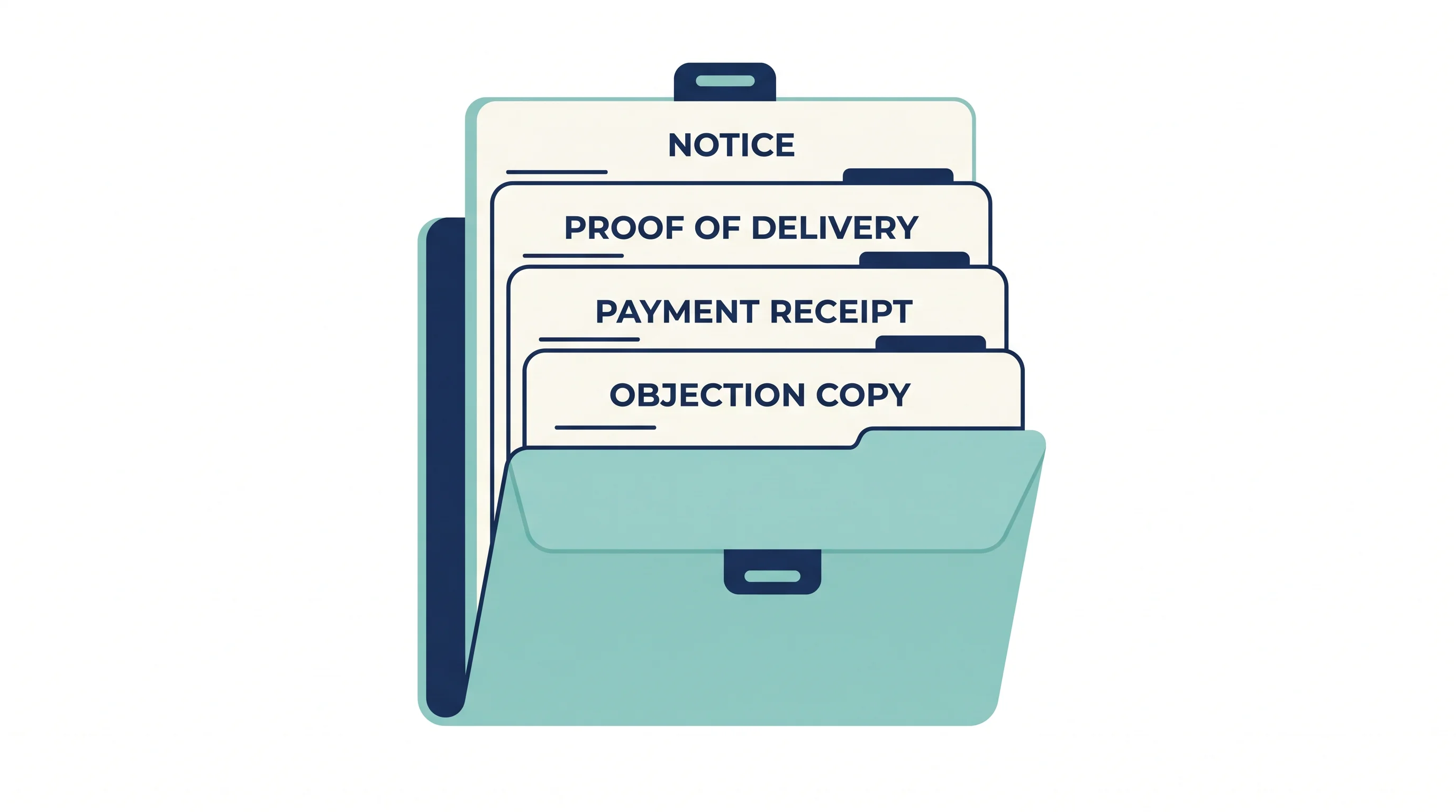 Illustration of a tenant's evidence folder: the notice, proof of delivery, payment receipt and objection copy