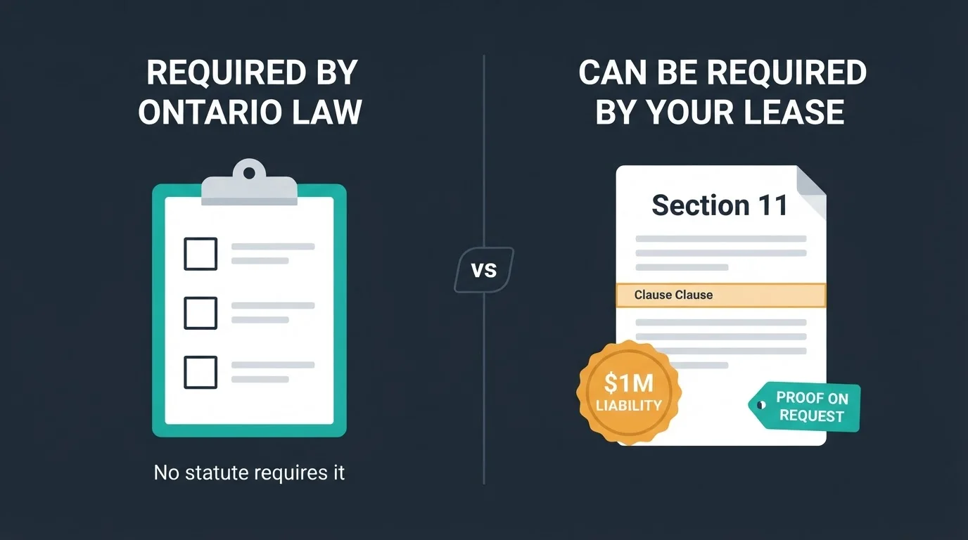 Split infographic contrasting what Ontario law requires (nothing) with what a lease can require: a Section 11 clause with a $1M liability minimum and proof of insurance on request