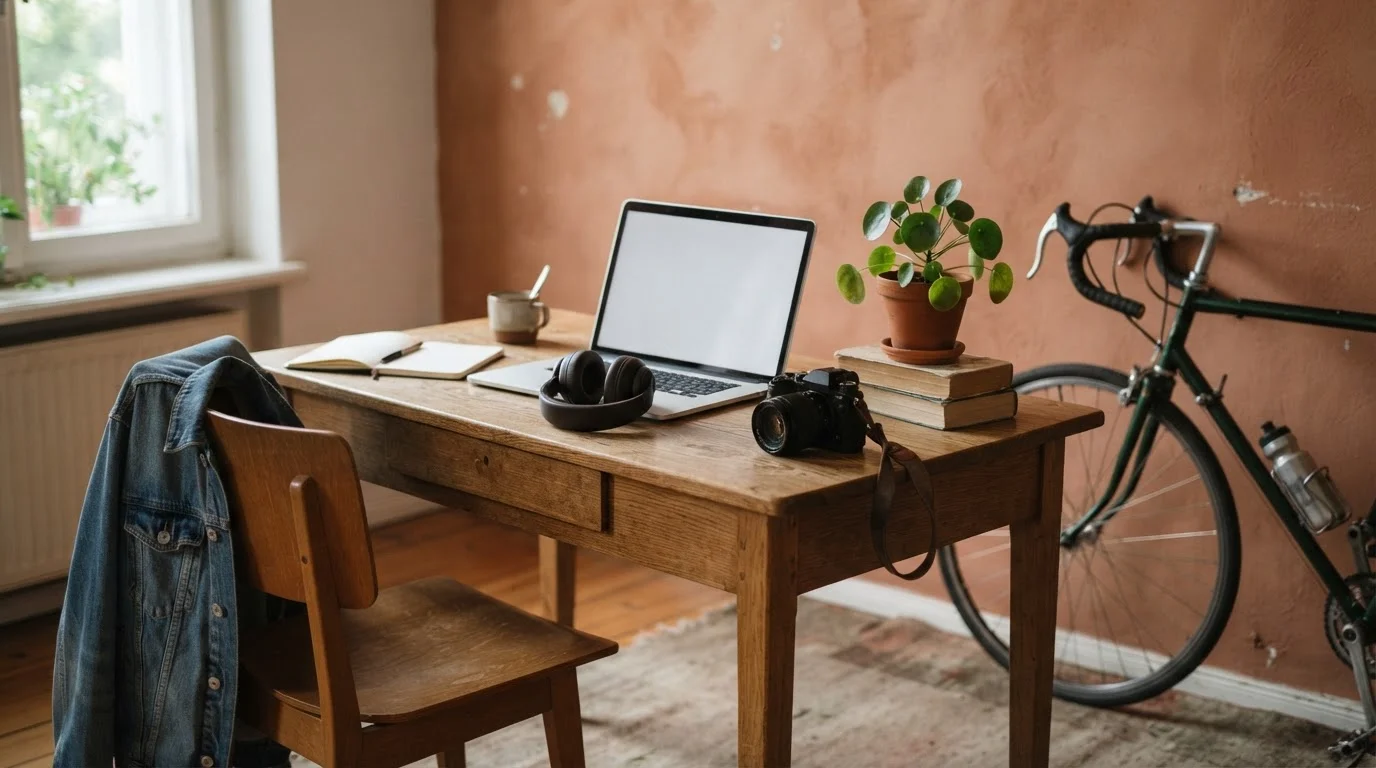Everyday renter belongings — laptop, headphones, camera, jacket, plant, and bicycle — laid out in soft daylight, showing how ordinary possessions add up in value