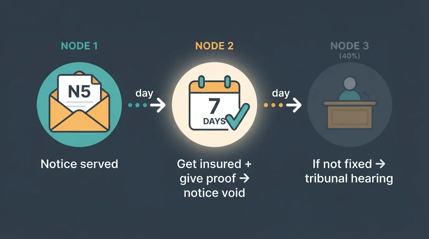 Timeline illustration of the N5 process from a tenant's perspective: notice served, a seven-day window to get insured and provide proof which voids the notice, and a faded alternate path to a tribunal hearing if not fixed