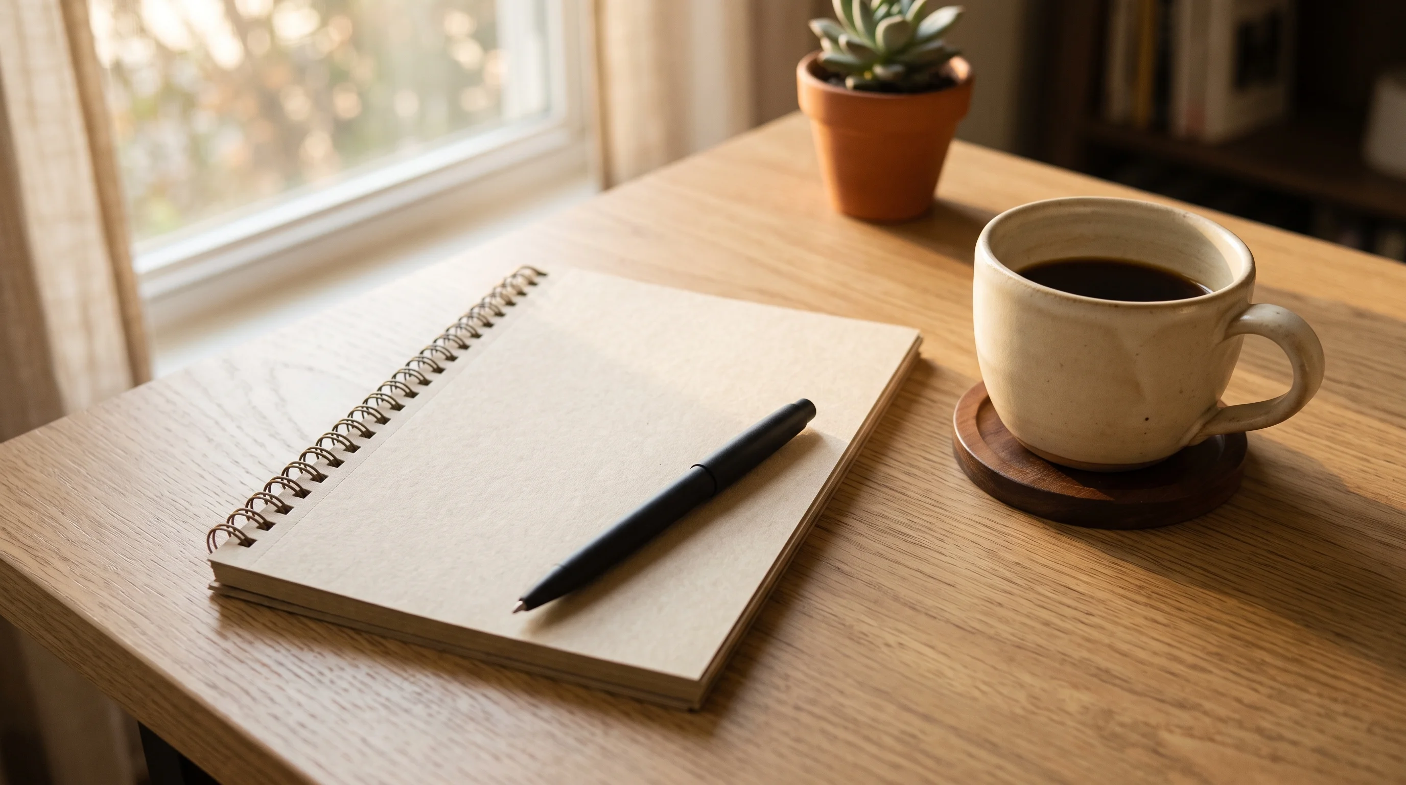 Photo-realistic still life: a coffee cup beside a completely blank notepad angled on the desk with a pen resting across it, warm afternoon light — fifteen minutes, done. Nobody present, no hands. NO TEXT ANYWHERE: notepad blank, no lettering on any surface.