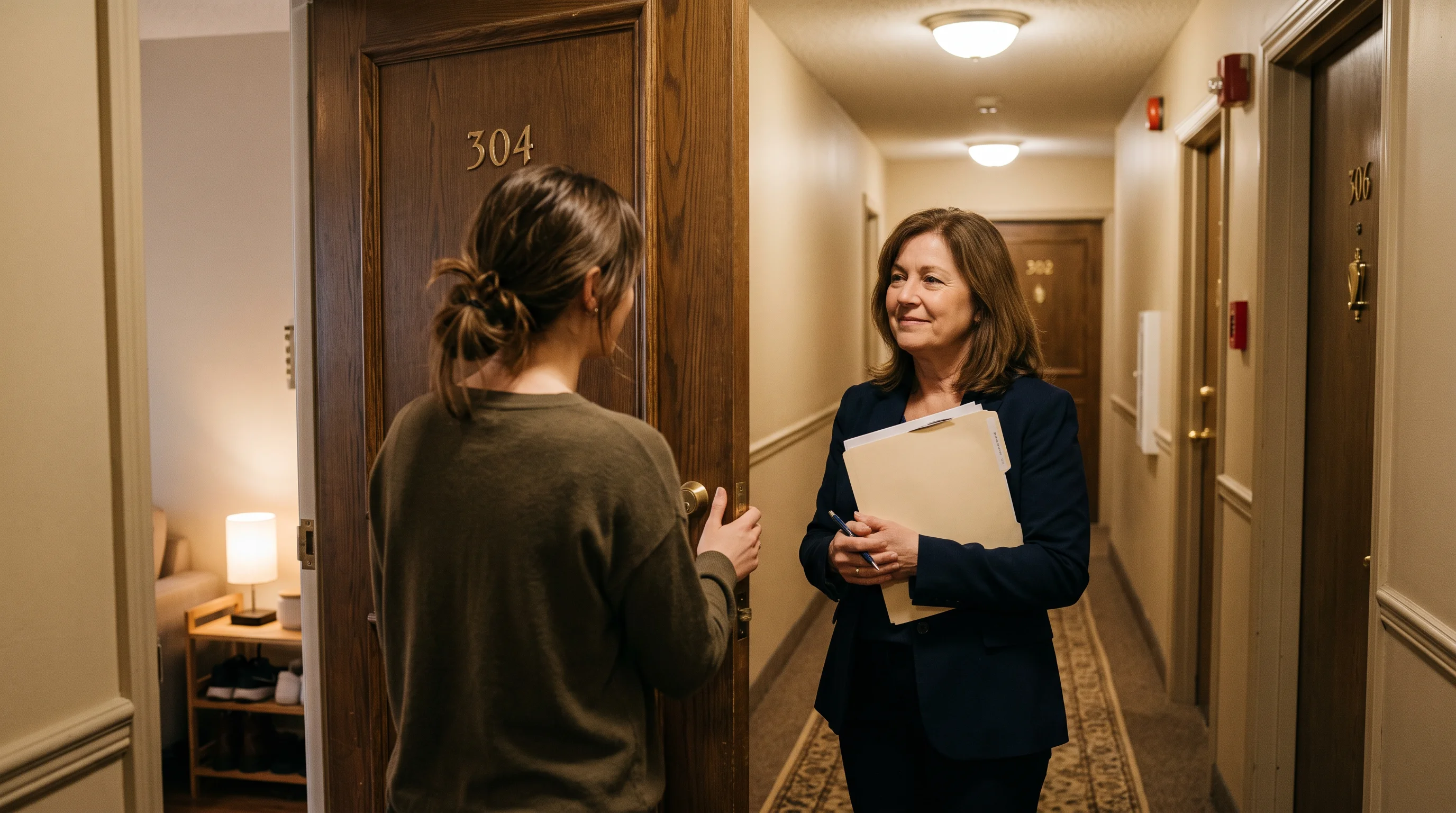 A tenant talks with a property manager through a half-open apartment door.