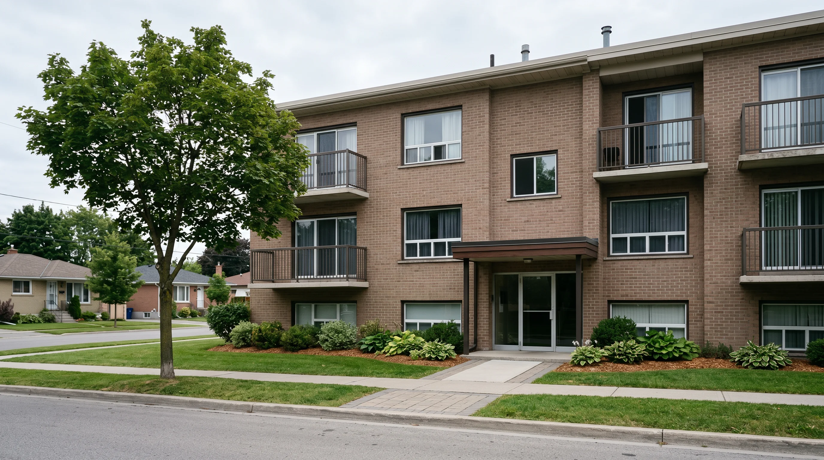 An ordinary, well-kept three-storey low-rise brick apartment building on a quiet residential street in an Ontario city, with plain balconies, a simple covered entrance and a mature tree at the kerb.