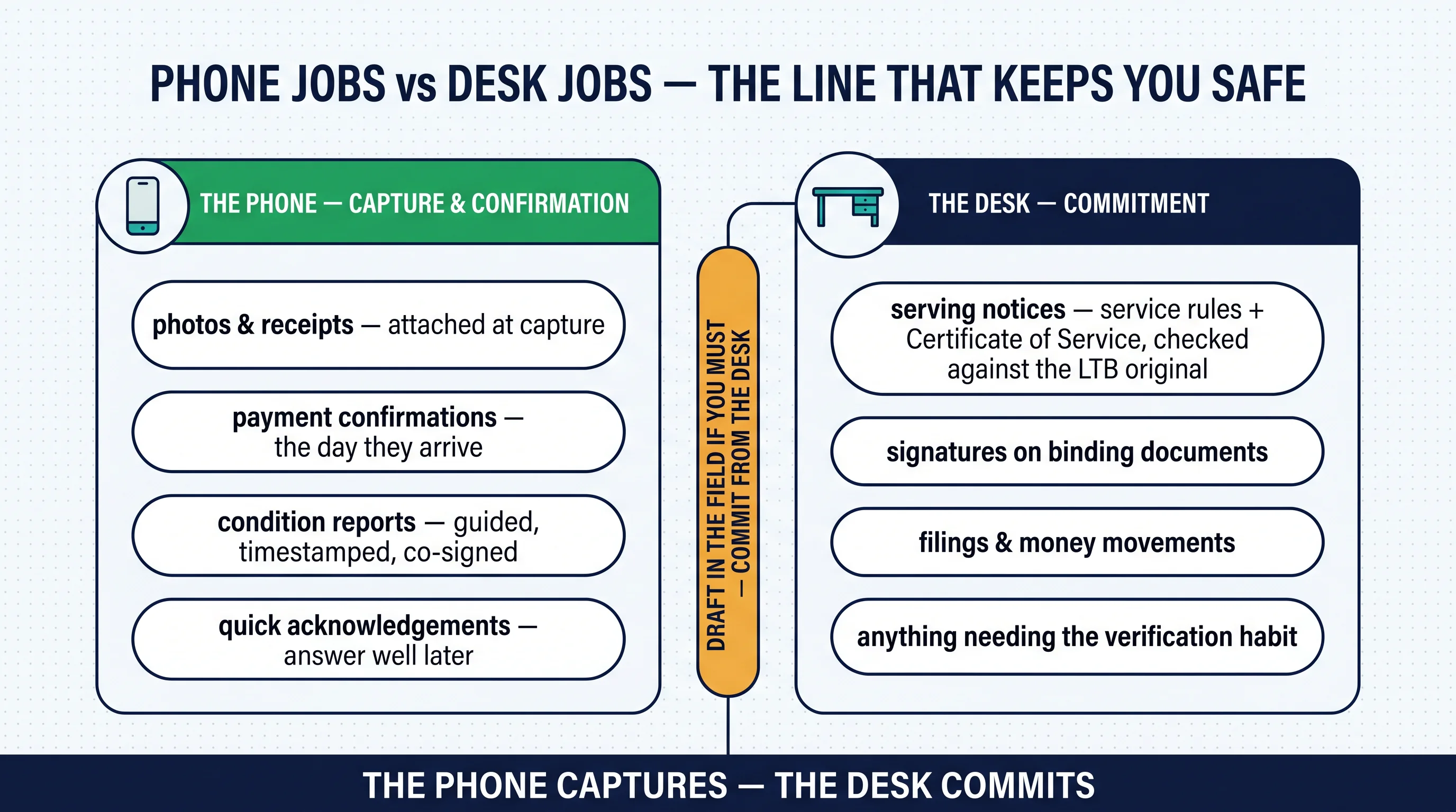 Phone jobs versus desk jobs: capture and confirmation on the phone; notices, signatures, filings, and money movements at the desk