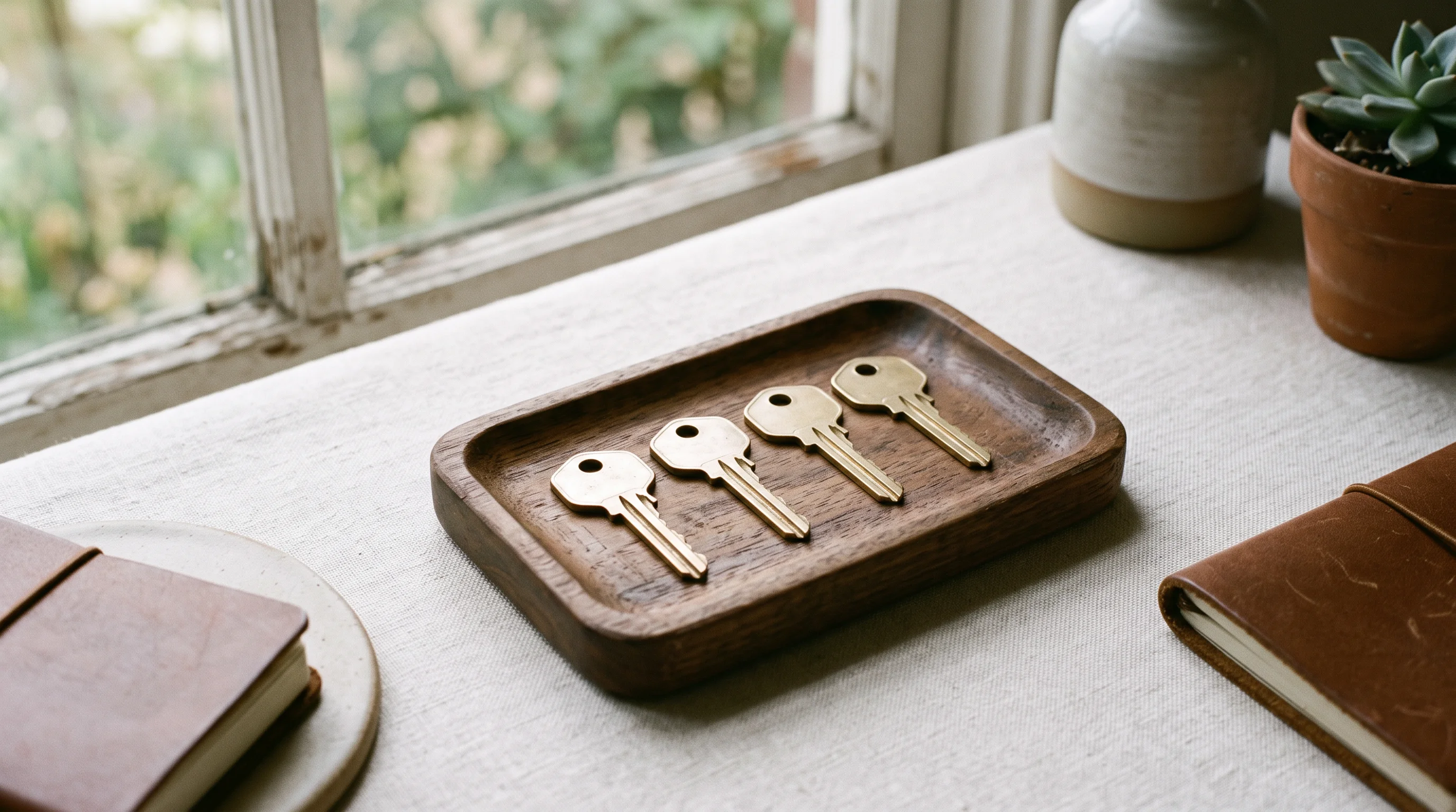 Four plain brass apartment keys on a small wooden tray in soft window light — the small portfolio as objects within hand's reach