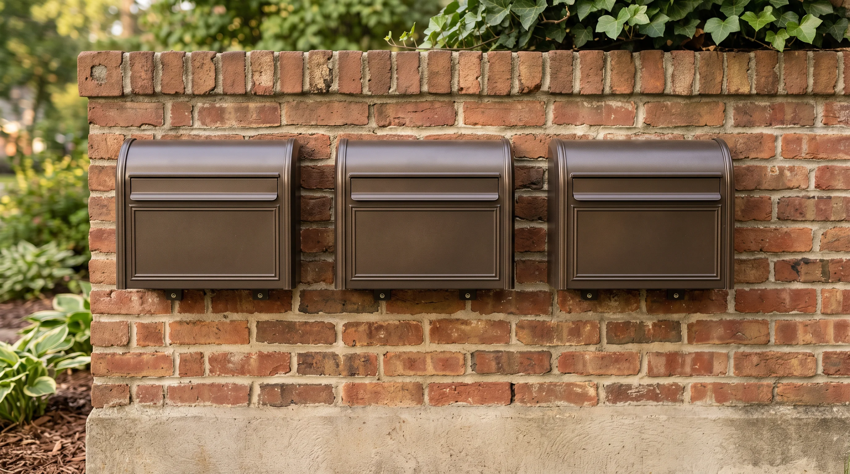 A neat row of three residential mailboxes on a warm brick wall in soft morning light — the small-portfolio register as an object
