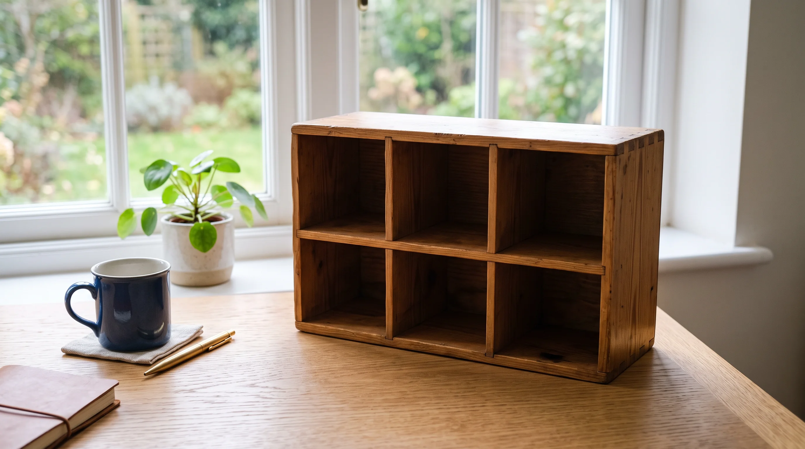 An empty wooden six-compartment desktop mail sorter on a tidy desk in soft window light — small-portfolio organization as an object