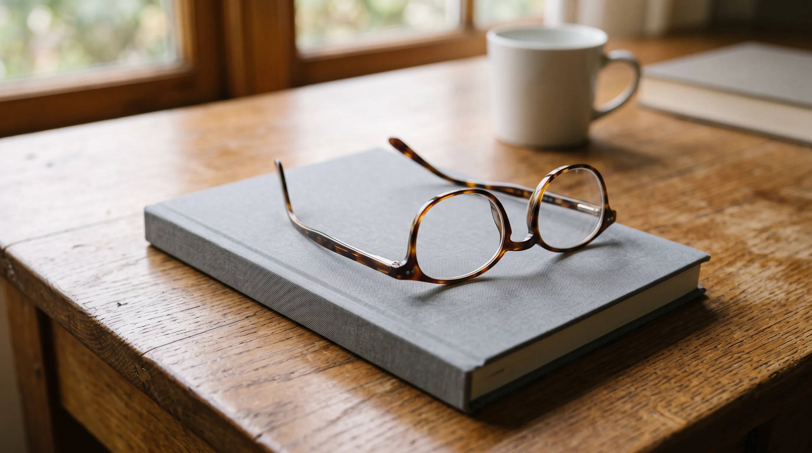 A pair of reading glasses resting on a closed plain grey hardcover notebook on a warm wooden desk in soft window light — the books register, calm and precise