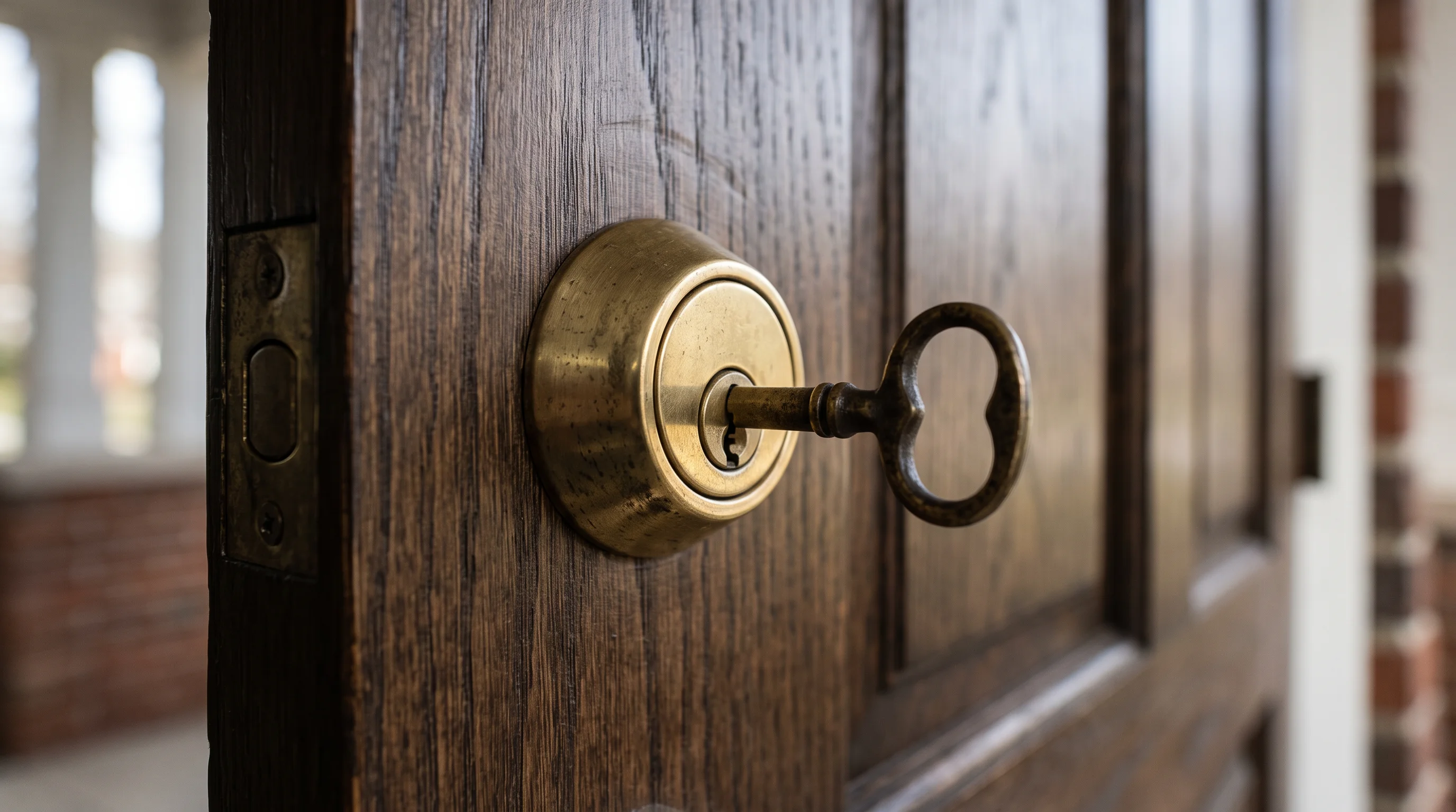 A single brass key inserted in a front-door deadbolt on a clean wooden door, no hand present, soft natural light — the handoff moment as an object