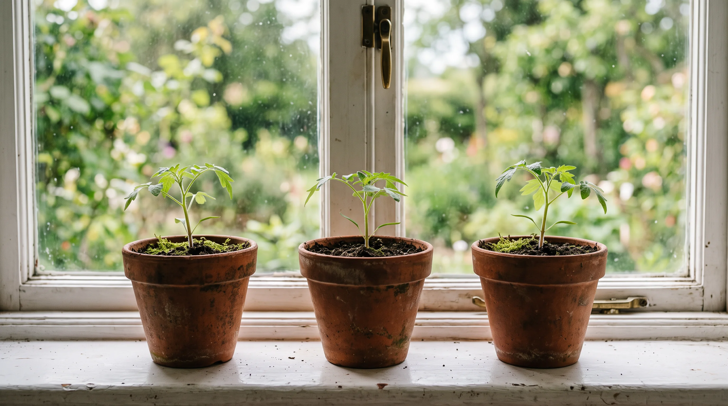 Three identical small terracotta pots with young green seedlings, evenly spaced along a bright windowsill in soft natural light — a same-size row, calm and uniform