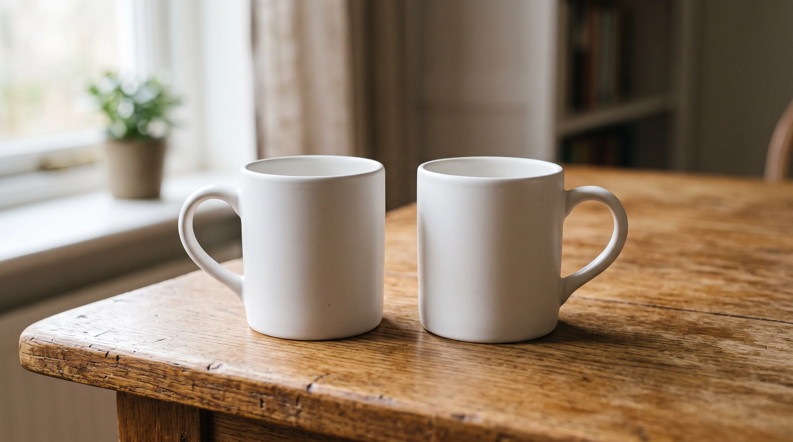 Two identical plain white ceramic mugs side by side on a warm wooden table in soft morning light — the twin register, calm and simple