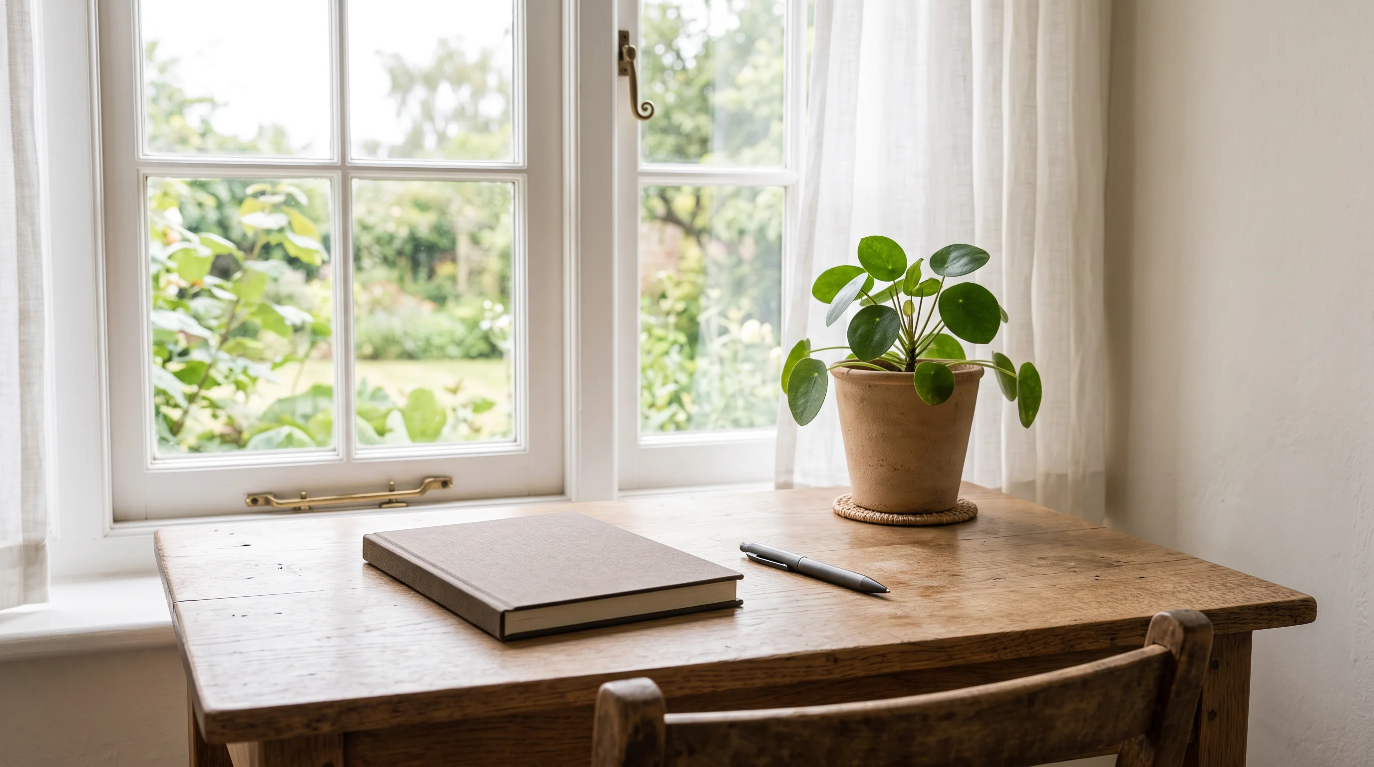 A small tidy desk by a bright window with a closed unmarked notebook, a single pen, and a potted plant in soft morning light — the starting landlord's desk, calm and ready