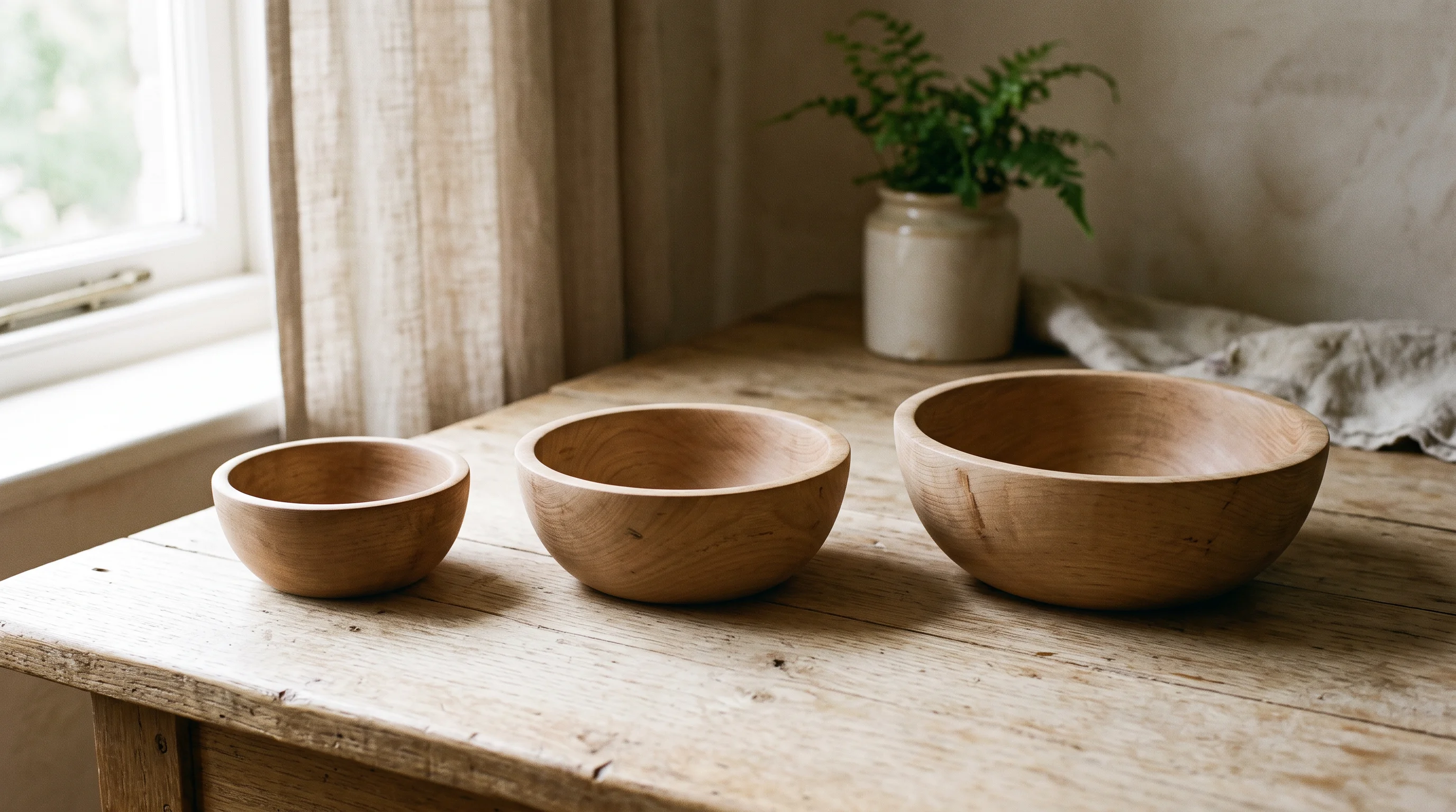 Three plain wooden nesting bowls, separated and arranged in a row by ascending size on a light table in soft window light — a lineage as still life