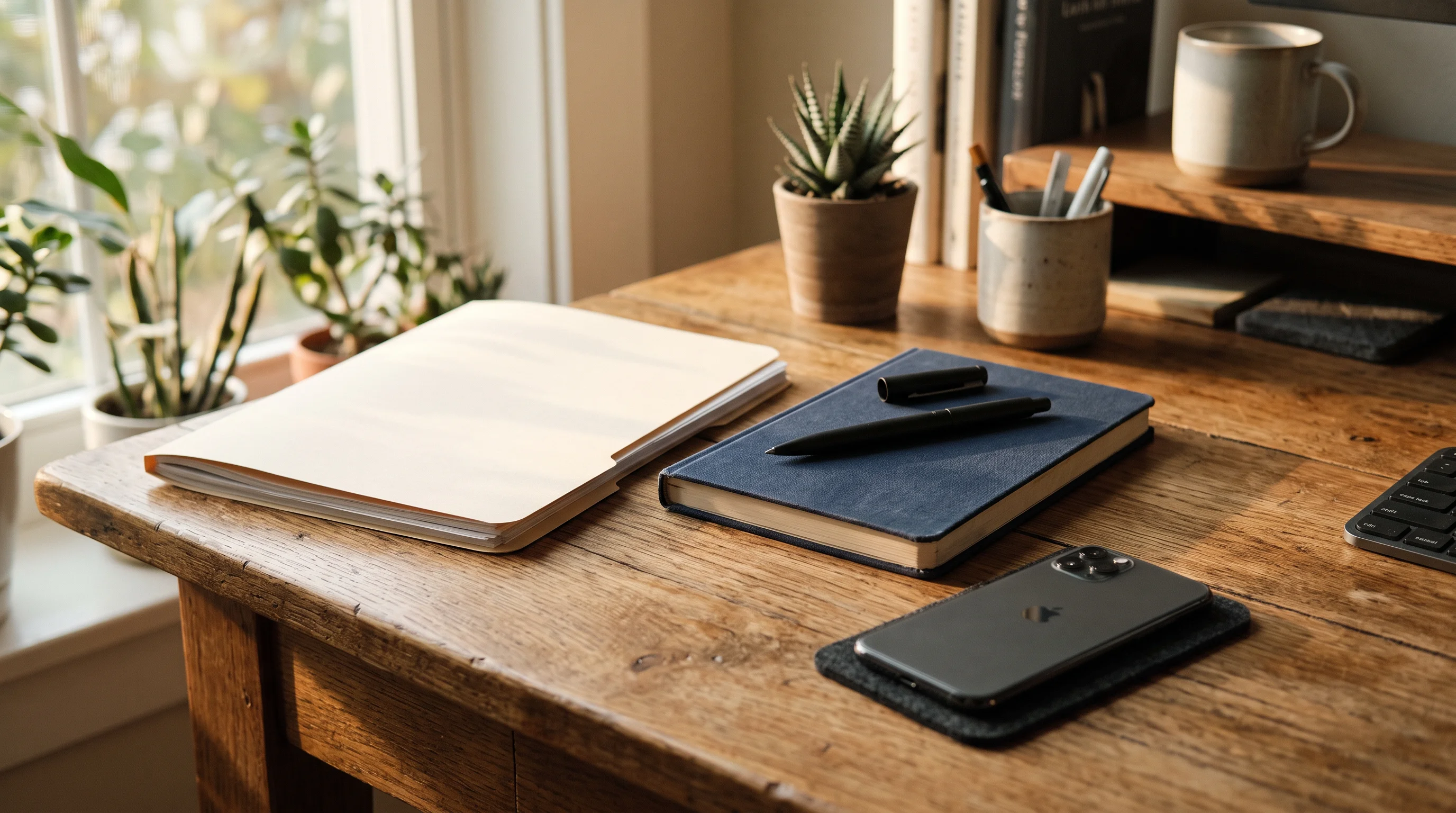 A calm workspace corner — a pen resting on a closed notebook, a phone face-down beside a closed folder in warm afternoon light: the forty-eight hours after an order arrives, worked calmly