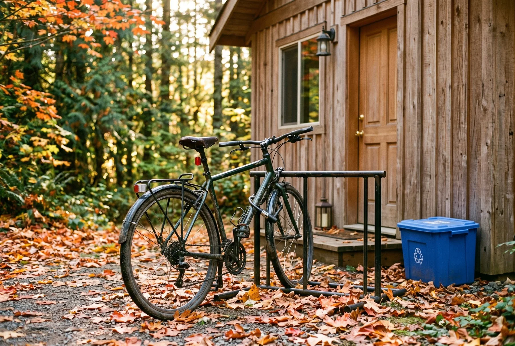 A bicycle locked outside a rental building entrance in British Columbia, with autumn maple leaves on the ground
