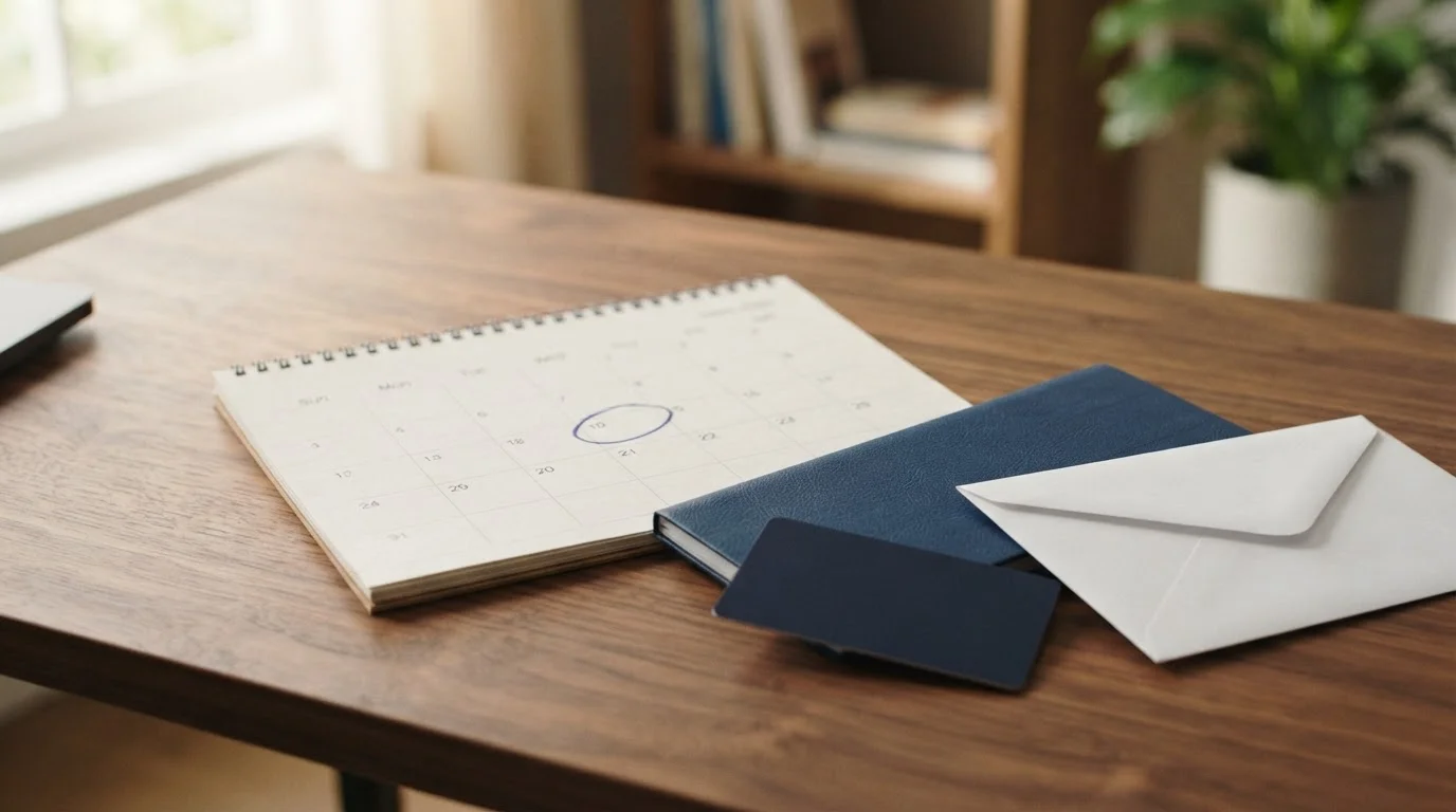 A desk calendar with a circled date, a cheque book and a plain envelope — the payment window in practice