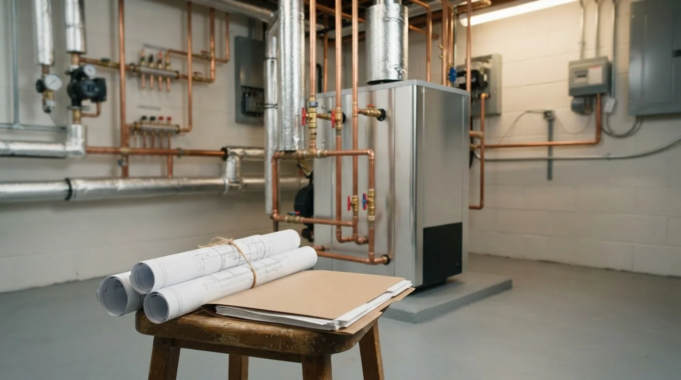 A newly installed boiler with neat copper piping and rolled drawings and a document folder nearby — a capital project being documented properly