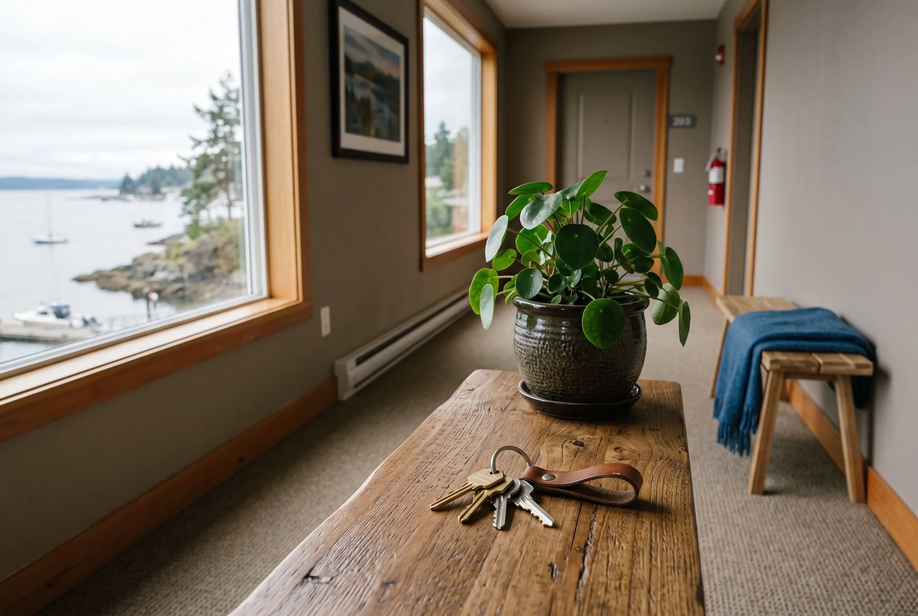 Apartment keys on a wooden bench in a bright BC rental building hallway overlooking the water