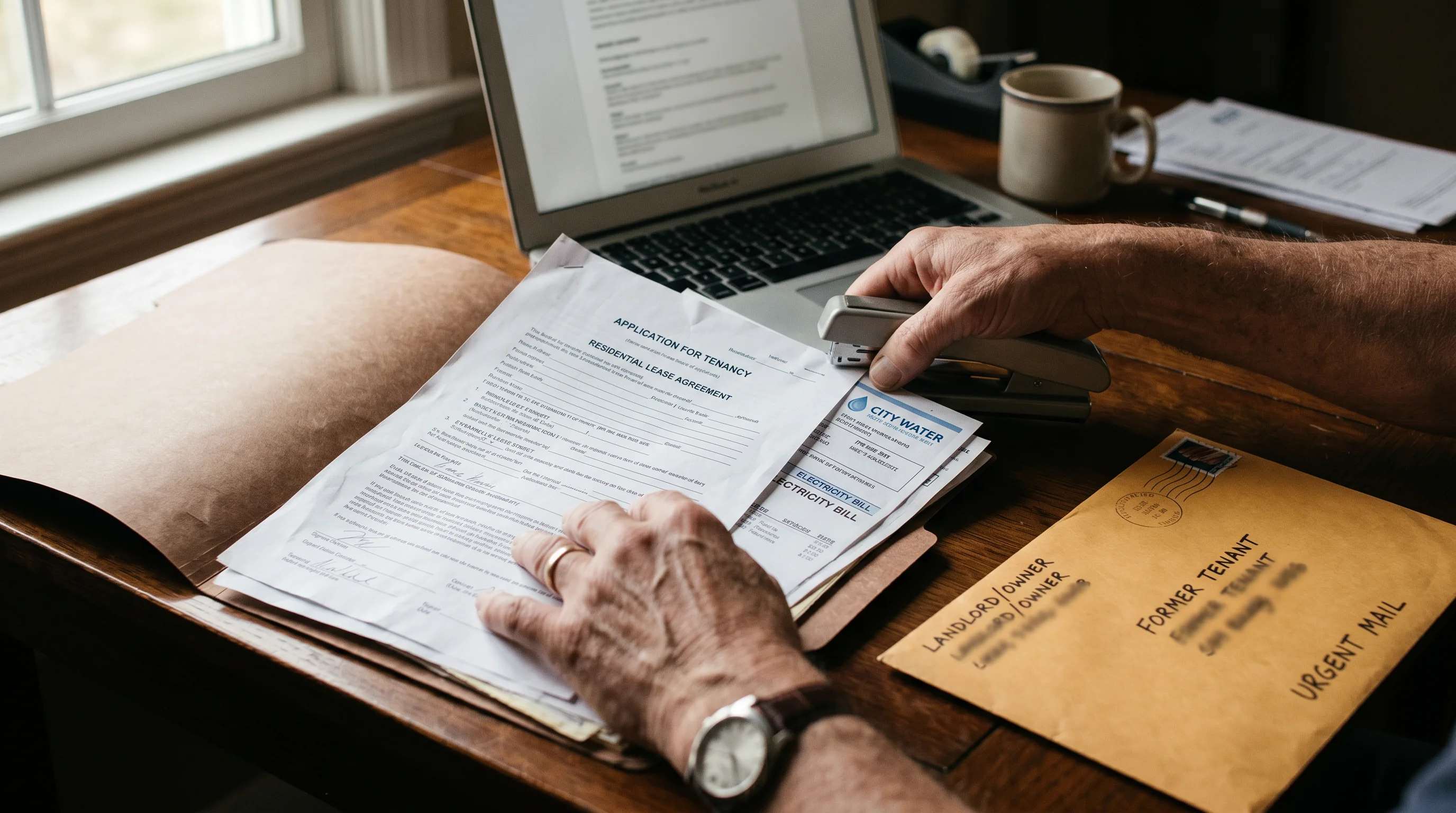 A close photo of a landlord's hands assembling an application package — a stapled form, a lease, utility bills, and an addressed envelope — beside a laptop, preparing to file and serve a former tenant.