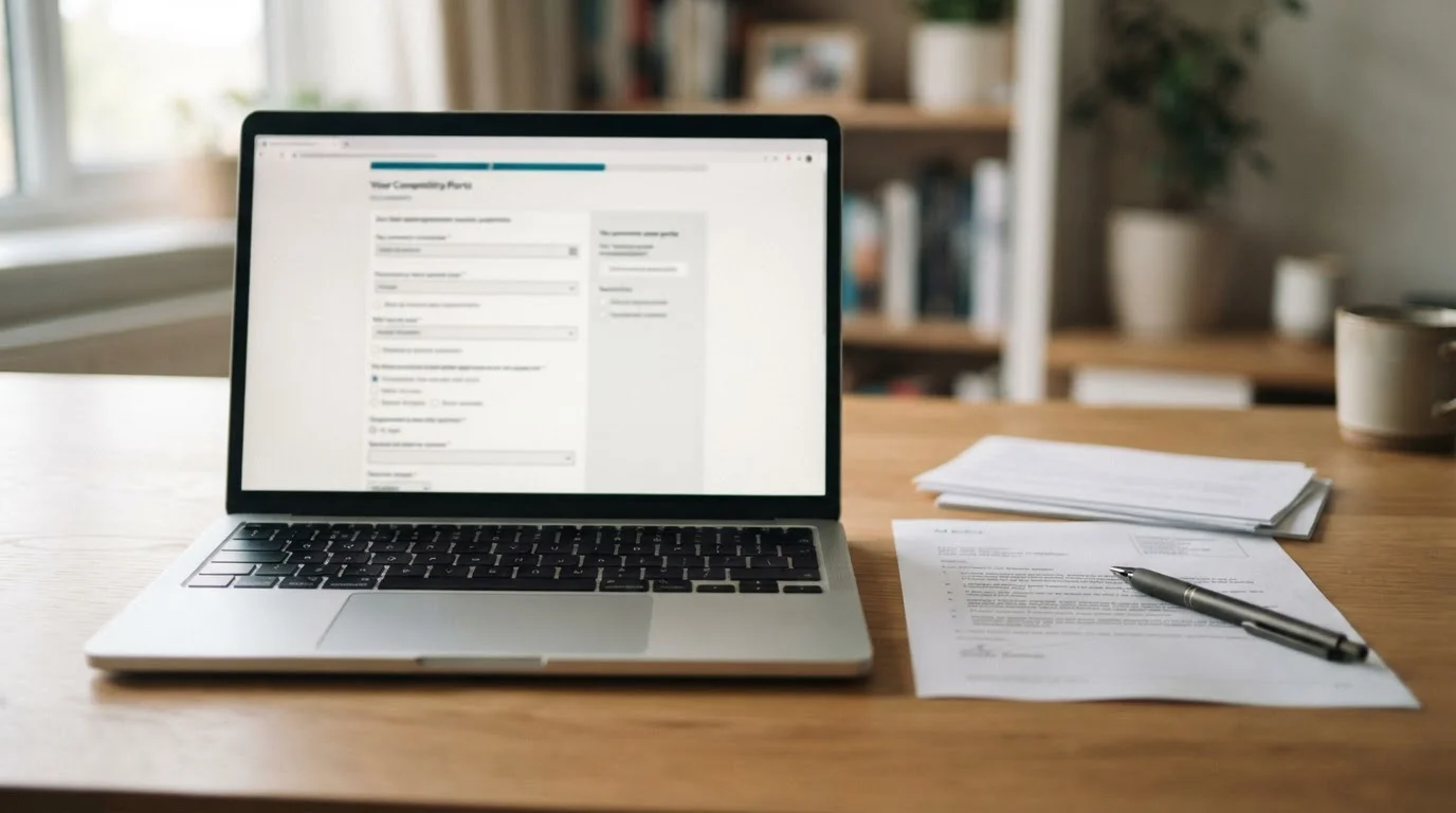 Filing the L3 on the Tribunals Ontario Portal — a laptop with the portal form mid-completion beside the printed notice and supporting papers