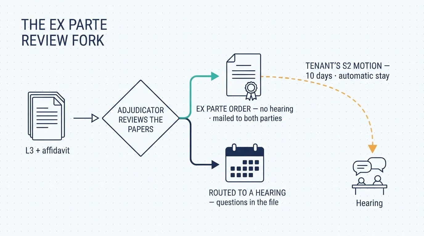 The ex parte review fork: the adjudicator reviews the L3 and affidavit and either issues an ex parte order without a hearing or routes the file to a hearing — and the tenant's S2 motion within 10 days triggers an automatic stay