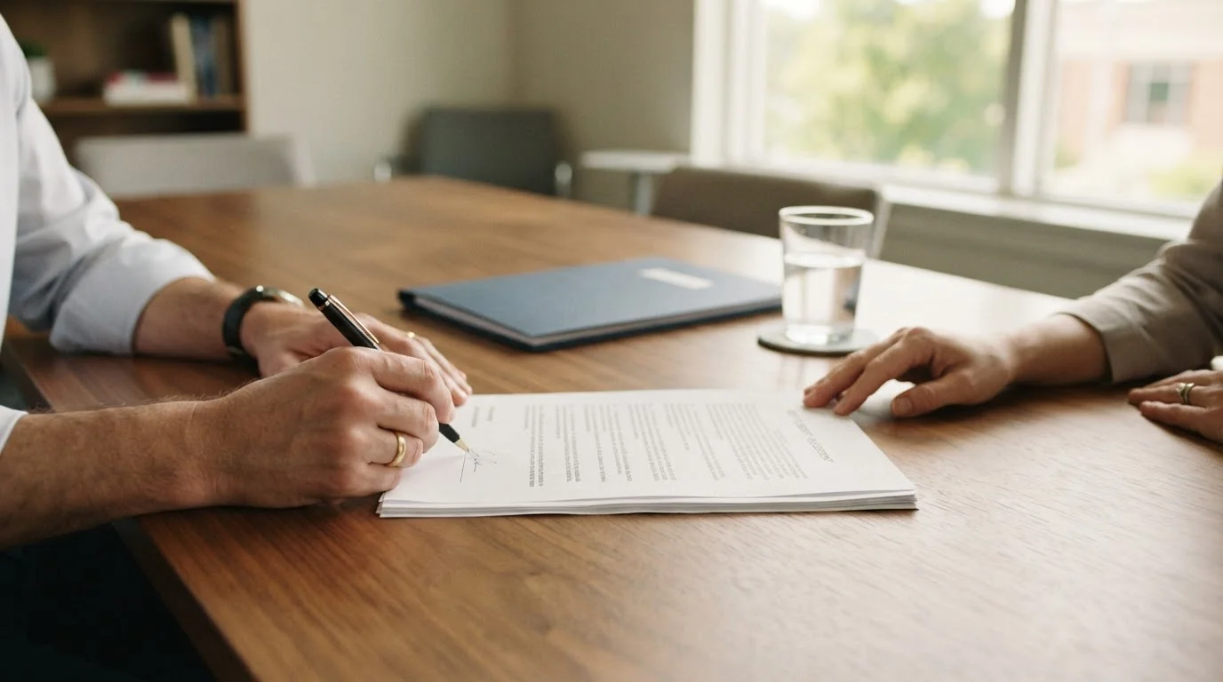 A mediated settlement being signed in good faith — the drafting table where the section 78 clause and every enforceable condition are actually decided